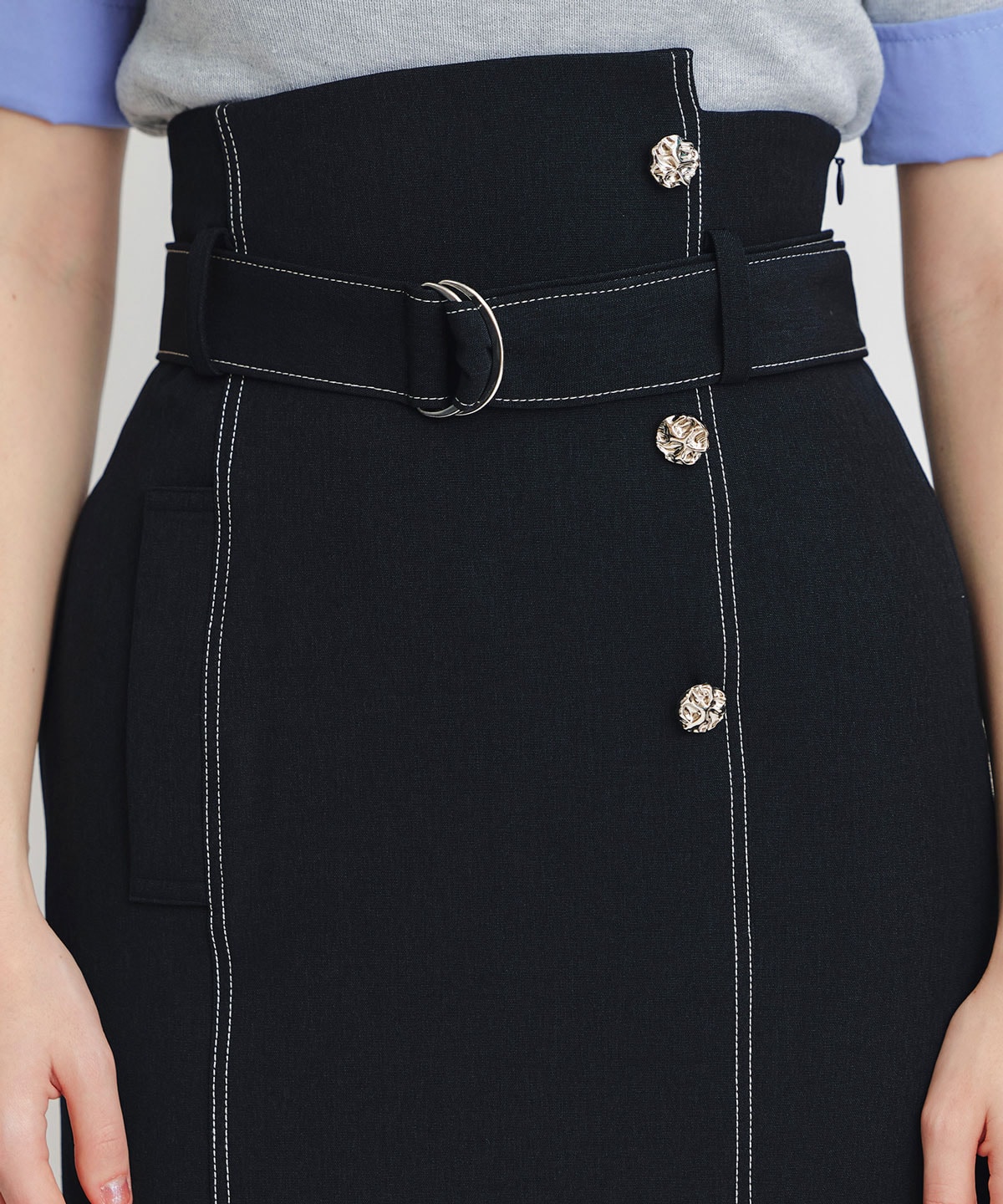 バイカラーステッチカッティングハイウエストタイトロングスカート