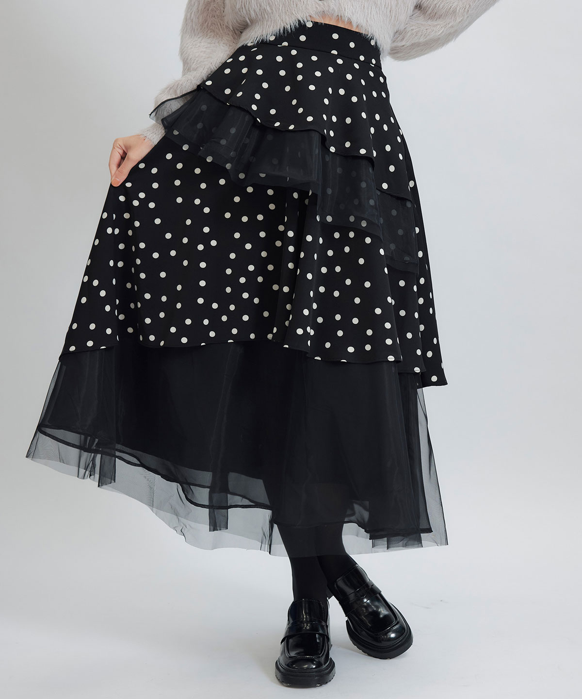 ドットチュールティアードロングスカート