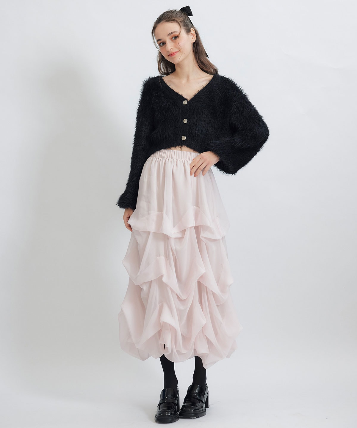 タックバルーンボリュームシフォンロングスカート