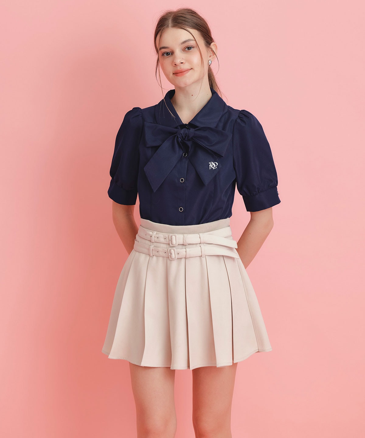 ウエストリブダブルベルトプリーツミニスカート