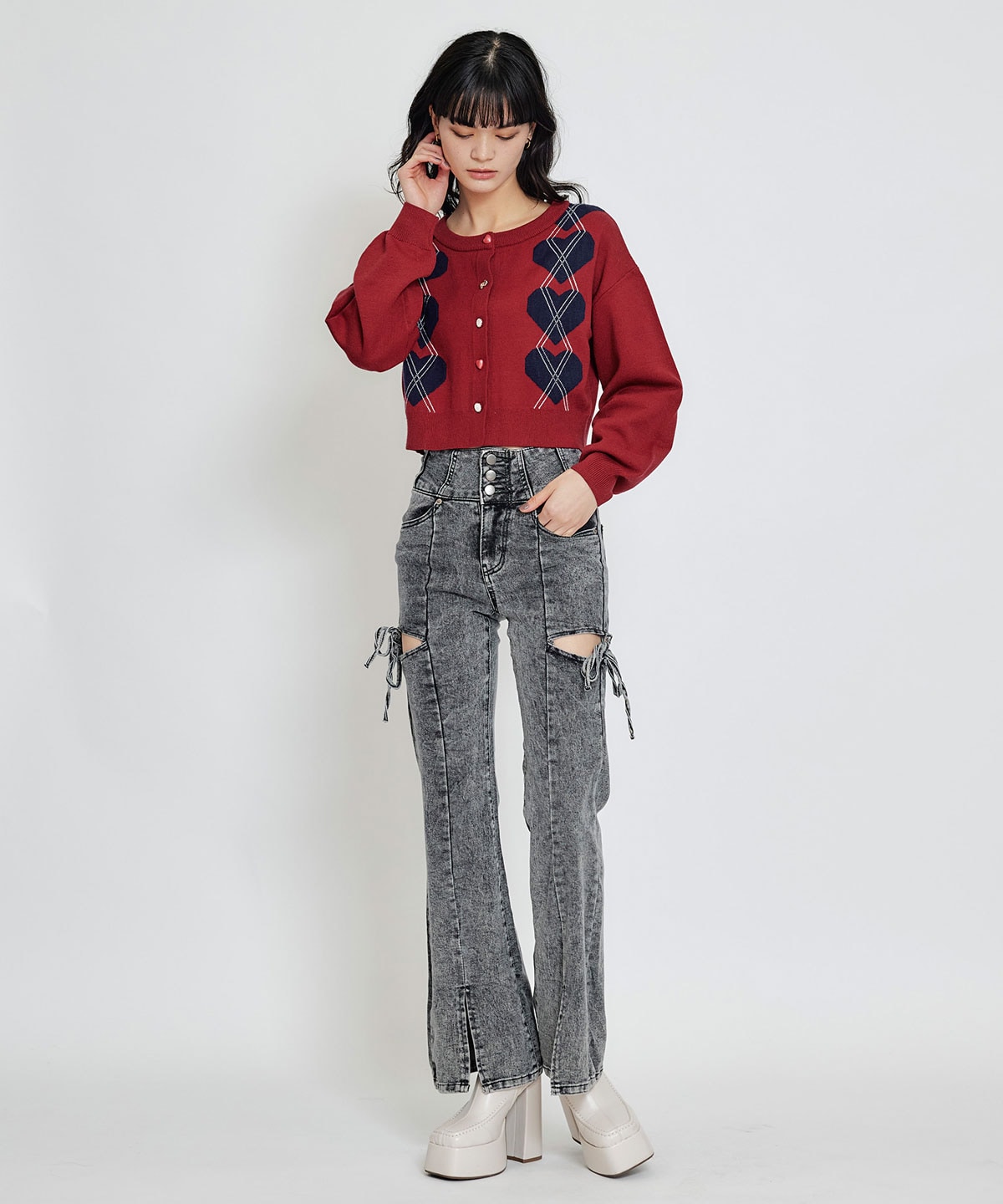 カットアウトリボンストレッチデニム