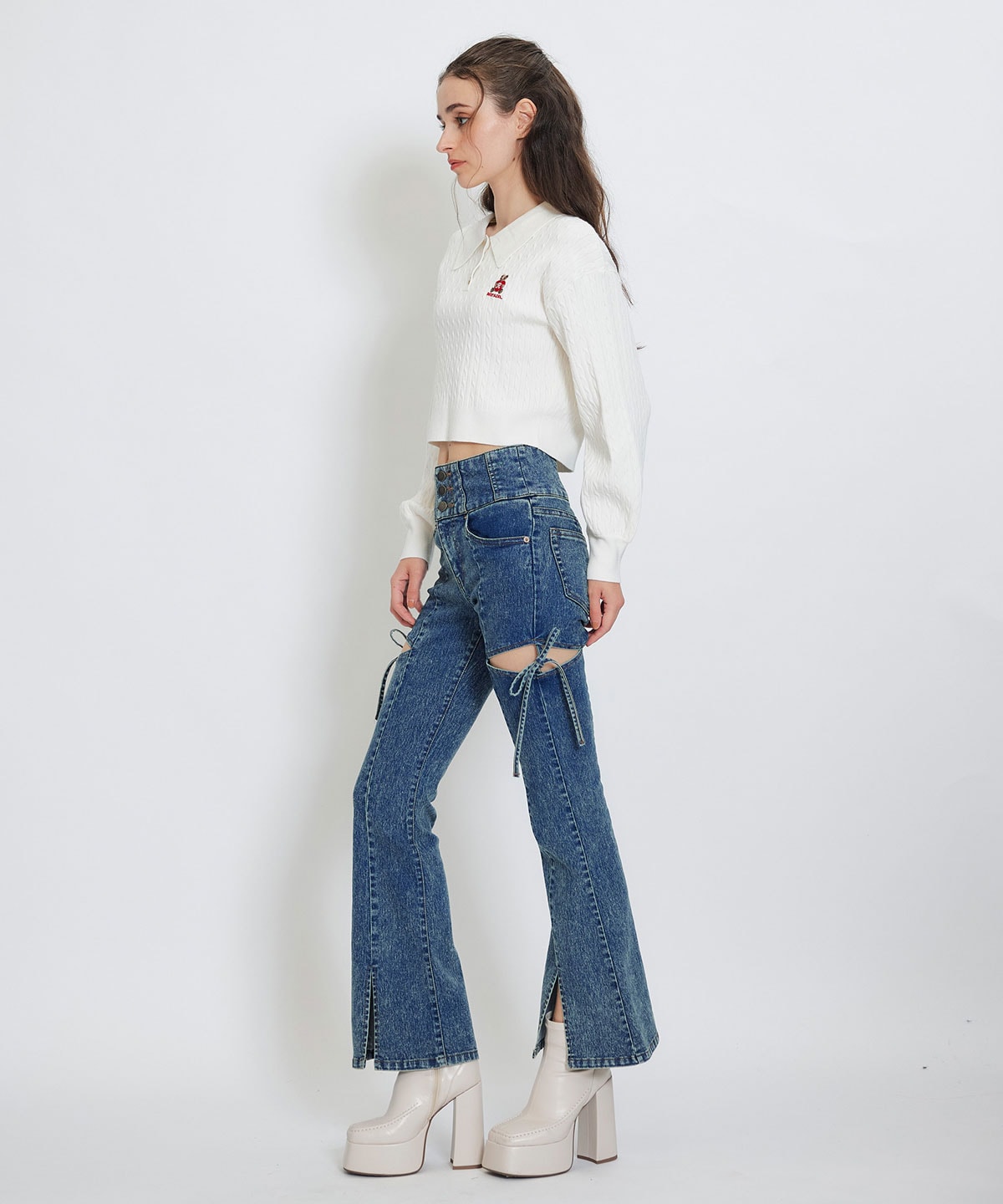 カットアウトリボンストレッチデニム