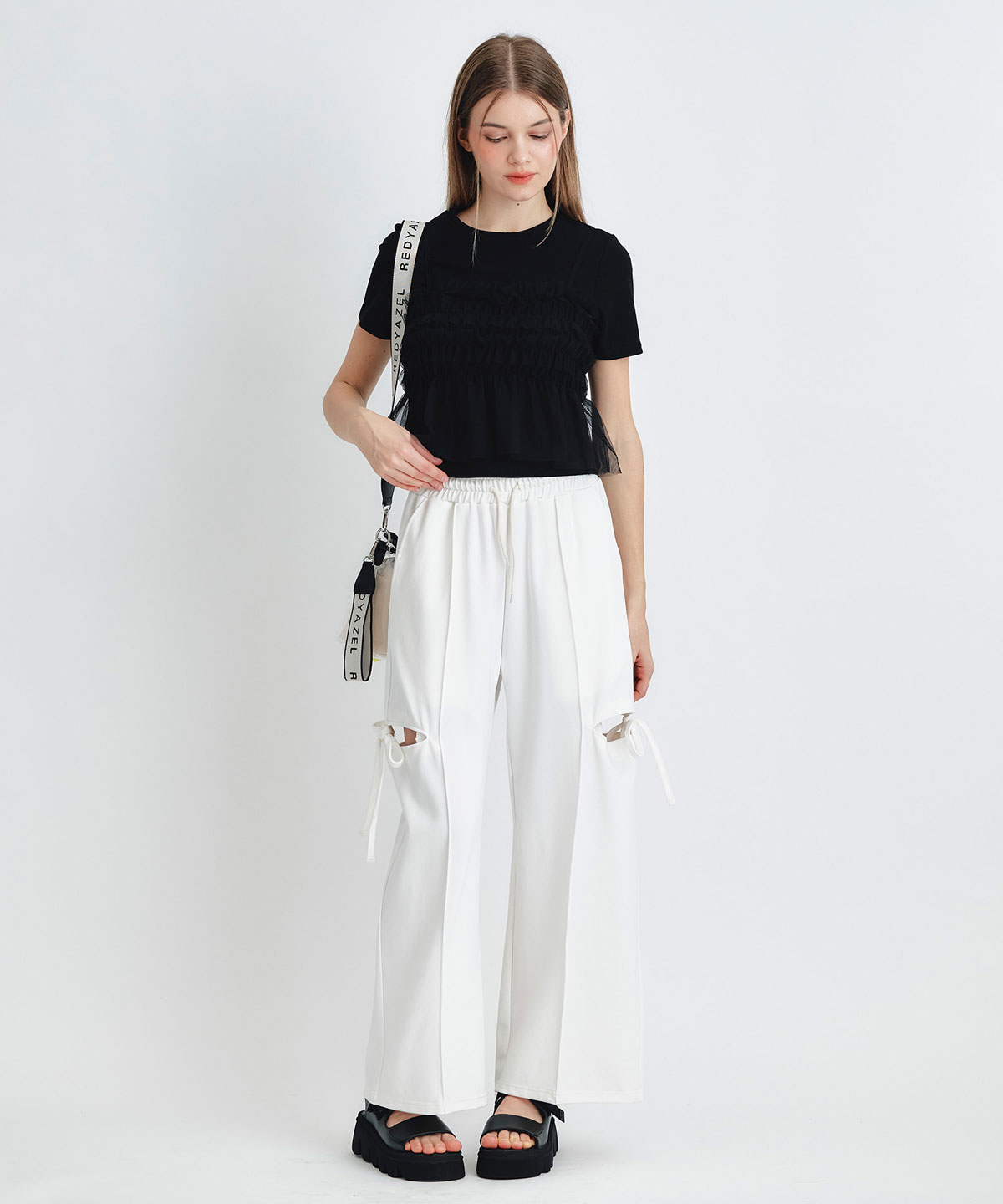 サイドカッティングリボンワイドパンツ