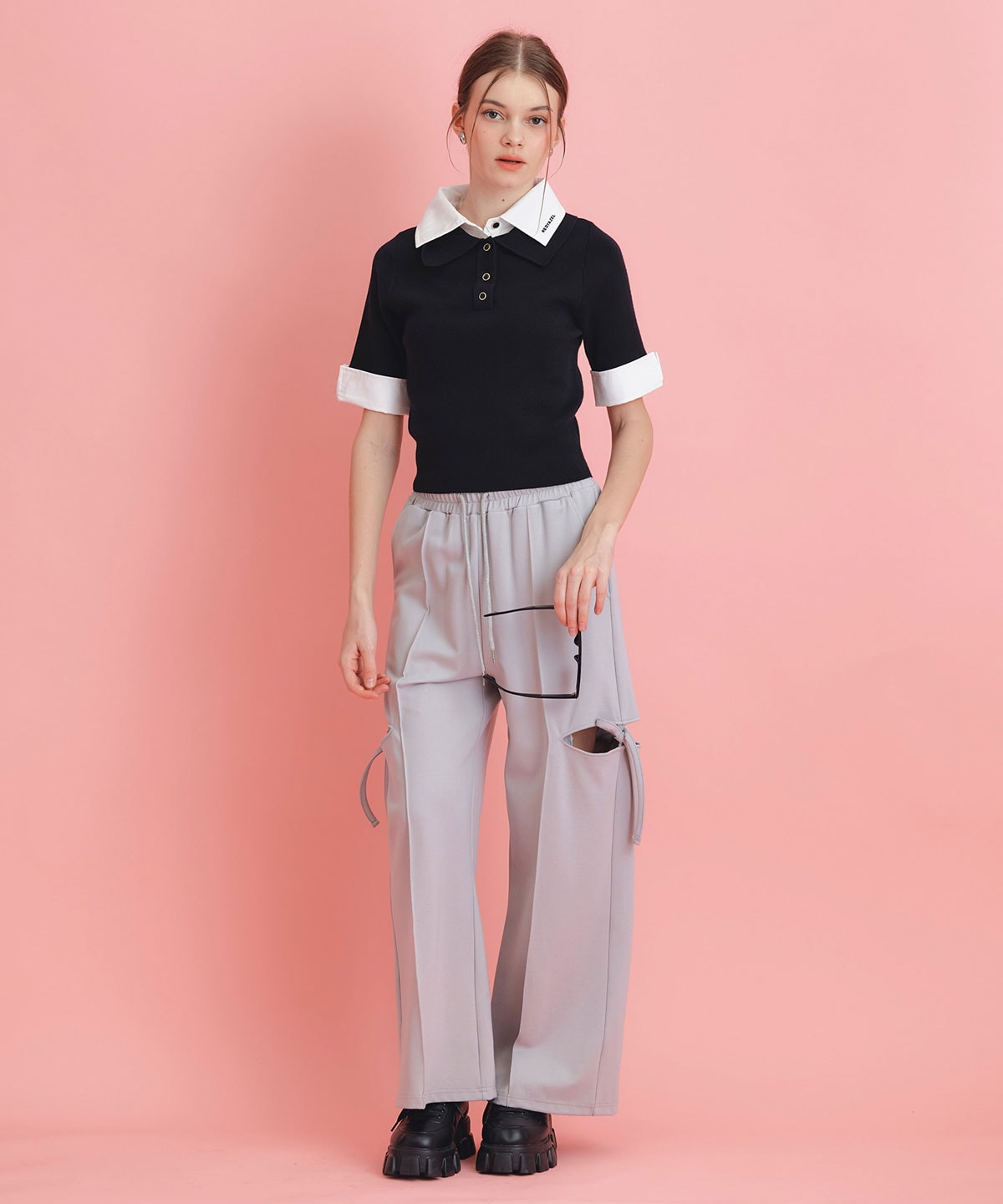 サイドカッティングリボンワイドパンツ