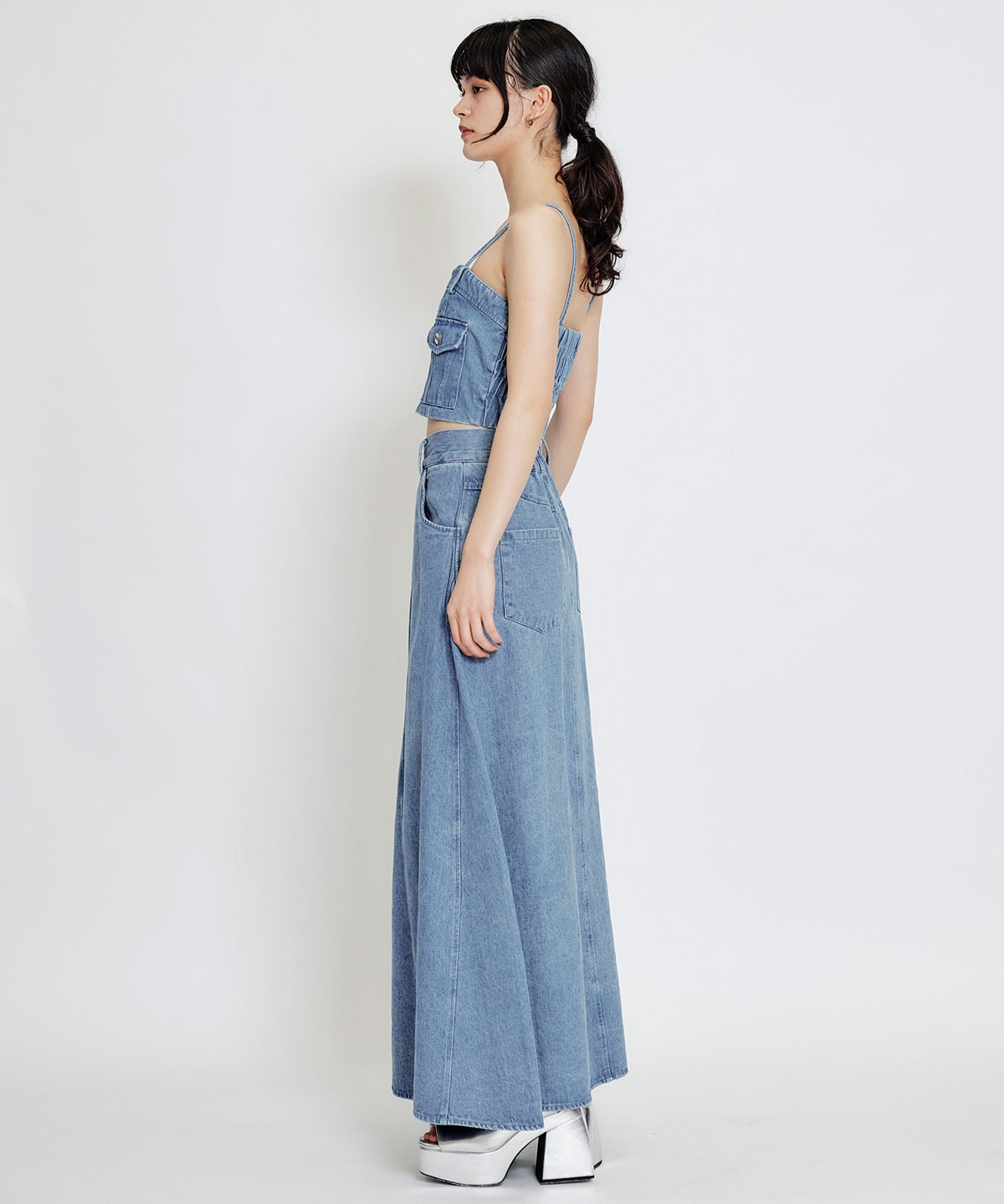 【Chemical Wash Series】ケミカルウォッシュデニムショートビスチェ×ZIPフレアロングスカート