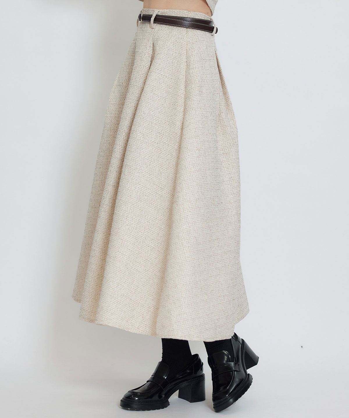 ダブルステッチツイードブラウス×フレアロングスカートセットアップ