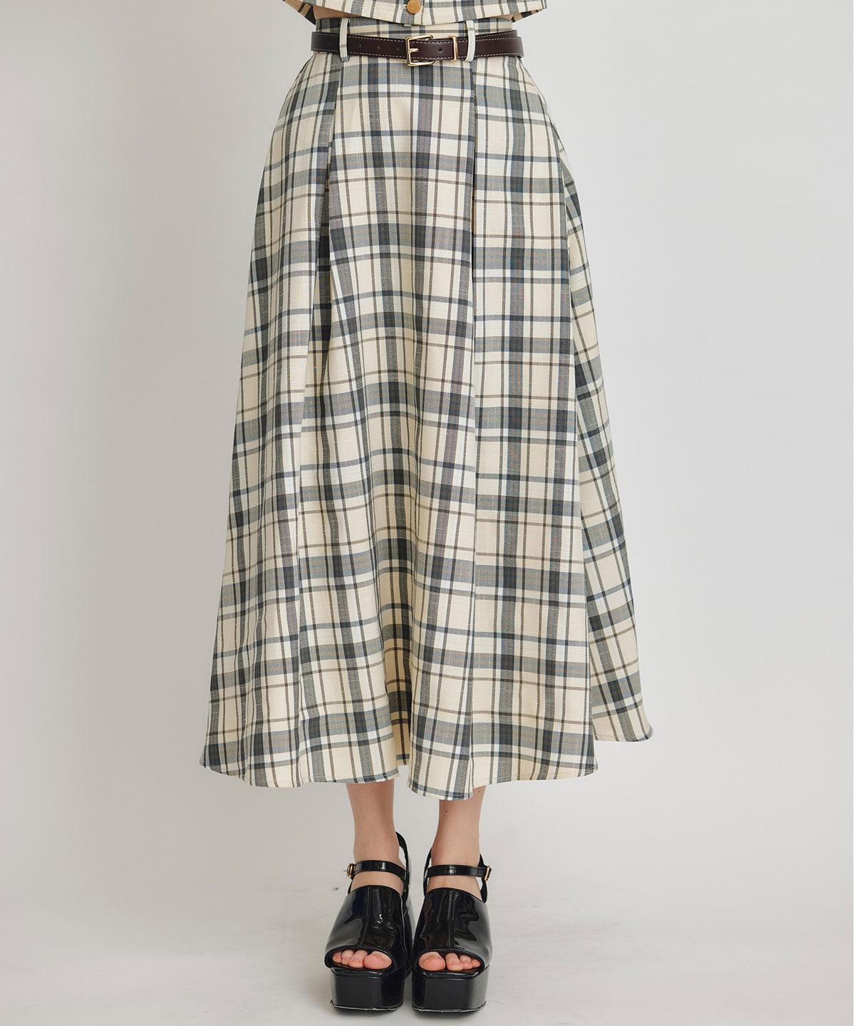 バイカラーチェックブラウス×フレアロングスカートセットアップ