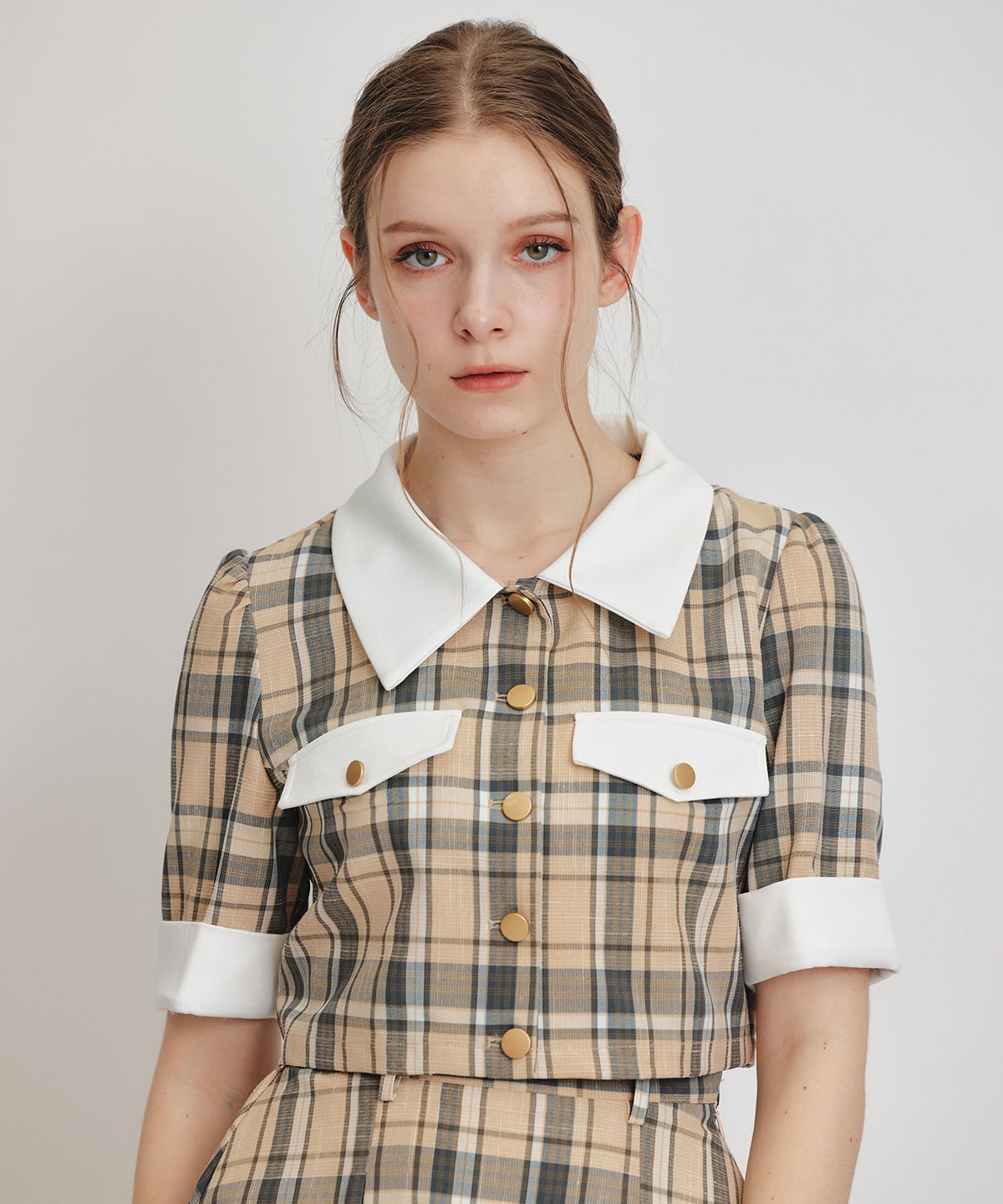 バイカラーチェックブラウス×フレアロングスカートセットアップ