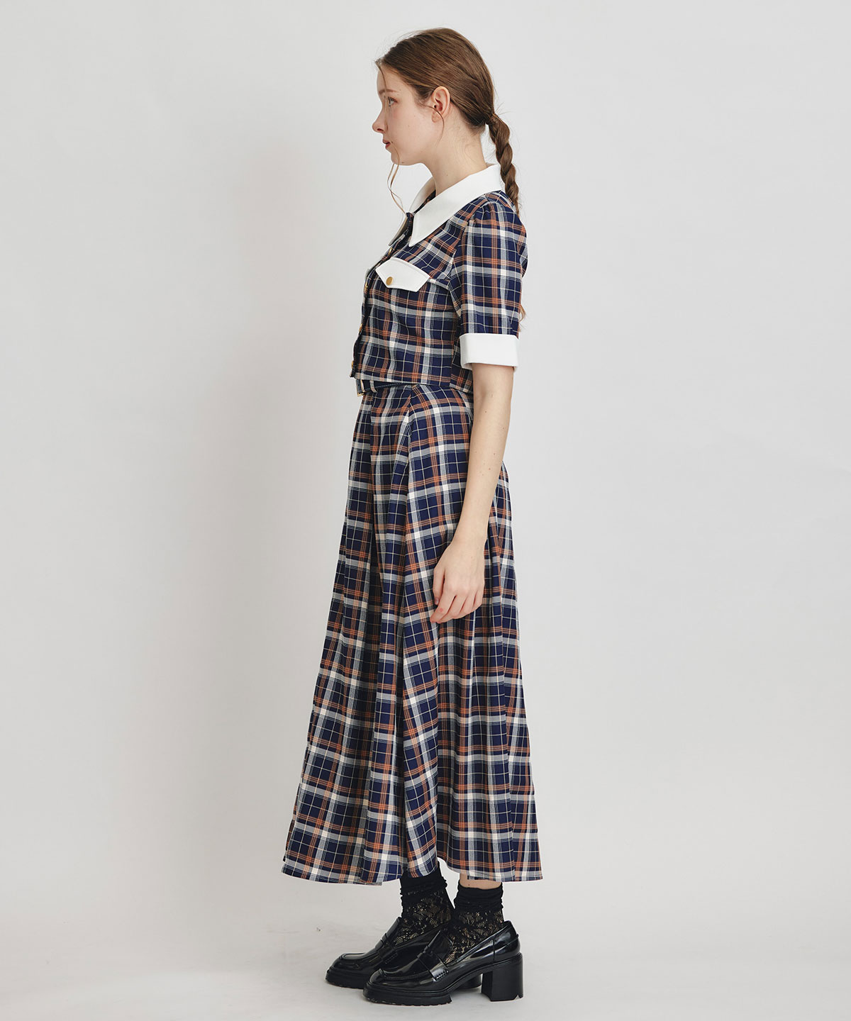バイカラーチェックブラウス×フレアロングスカートセットアップ