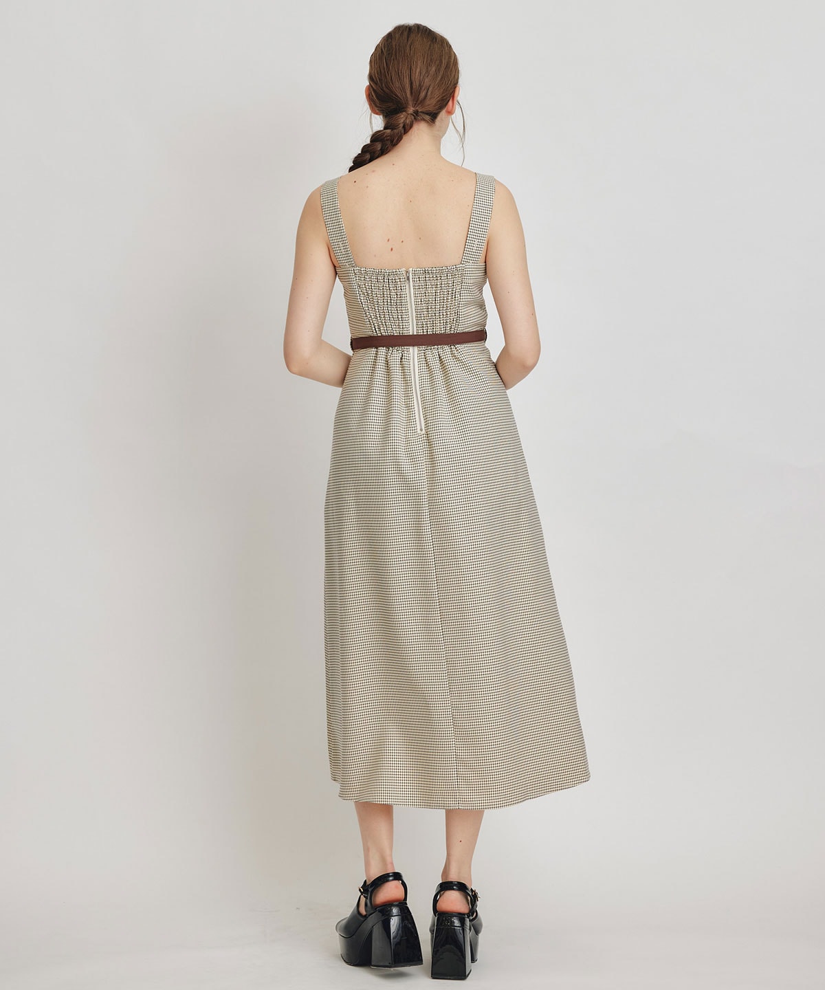 チェックショートジャケットｘアクセントベルトフレアロングワンピースセットアップ