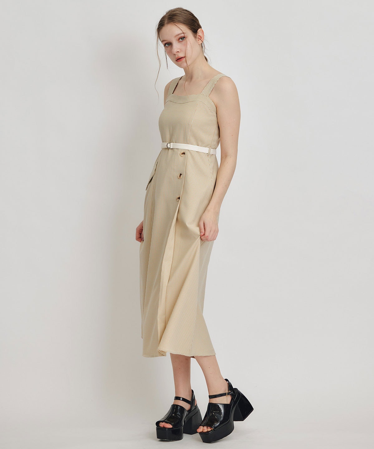 チェックショートジャケットｘアクセントベルトフレアロングワンピースセットアップ