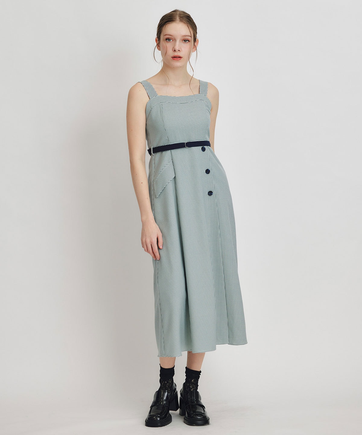 チェックショートジャケットｘアクセントベルトフレアロングワンピースセットアップ