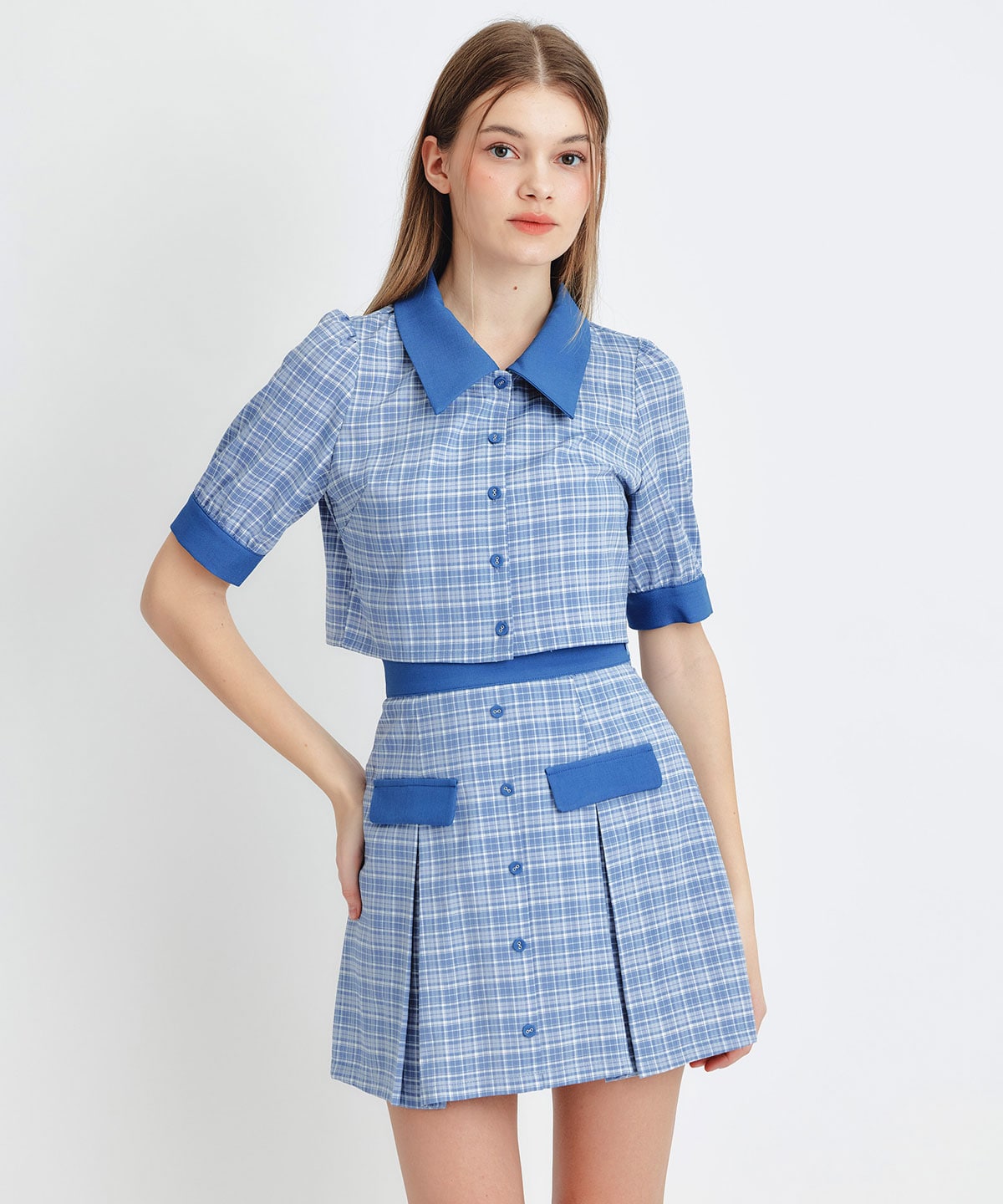 プレッピーネクタイチェックブラウス×プリーツミニスカートセットアップ