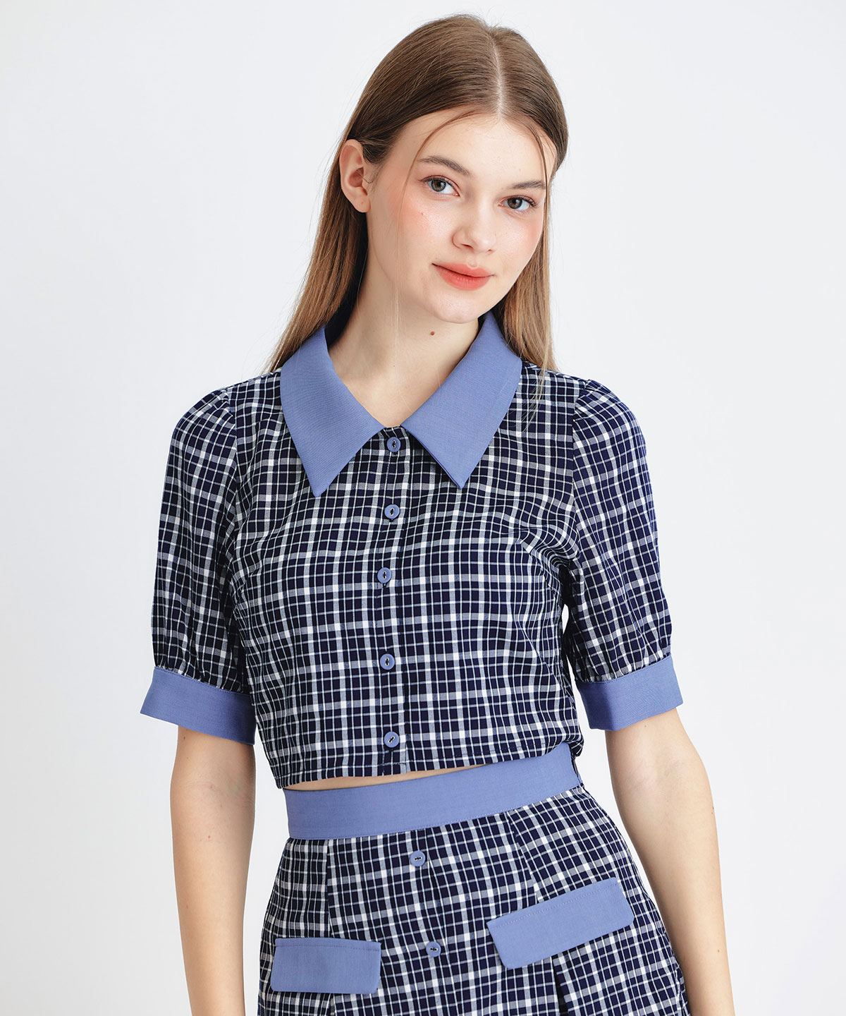 プレッピーネクタイチェックブラウス×プリーツミニスカートセットアップ