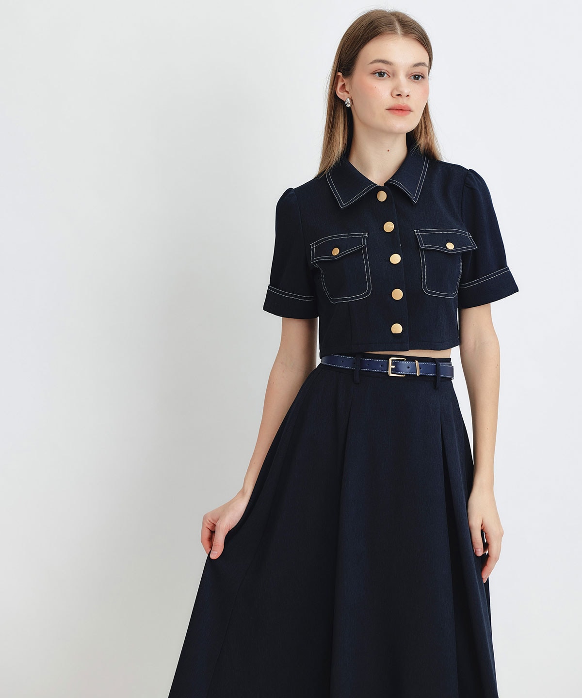 ショートジャケット×フレアロングスカートセットアップ