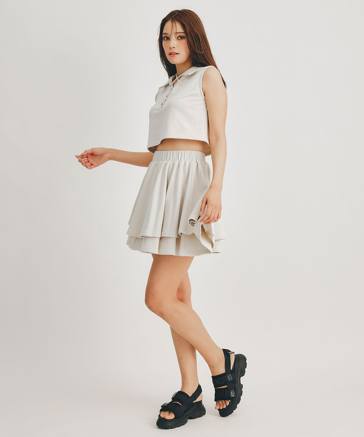 クロスリボンポロトップス×ティアードミニスカートセットアップ
