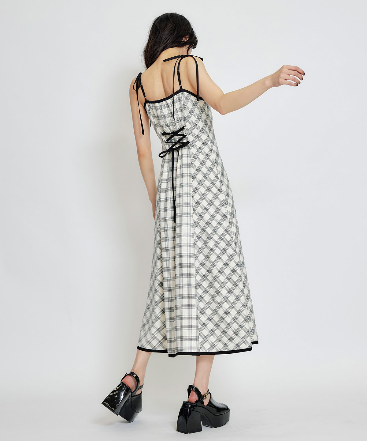 パイピングリボンキャミソールチェックフレアロングワンピース