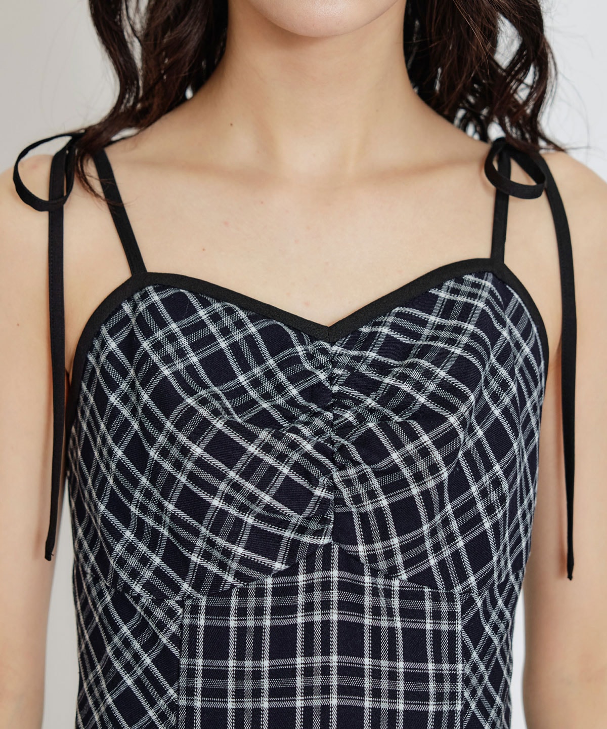 パイピングリボンキャミソールチェックフレアロングワンピース