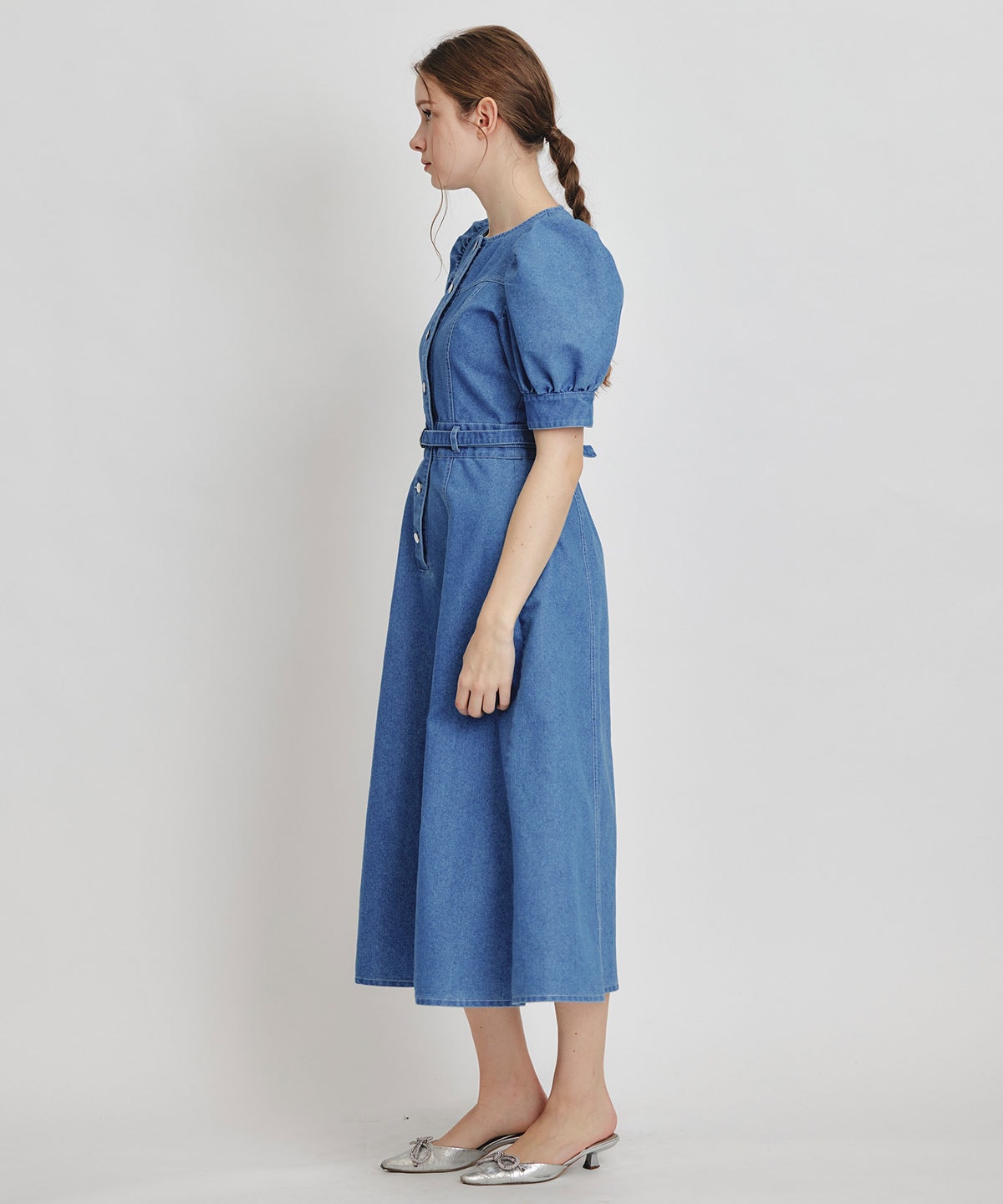 ノーカラーデニムパフフレアロングワンピース