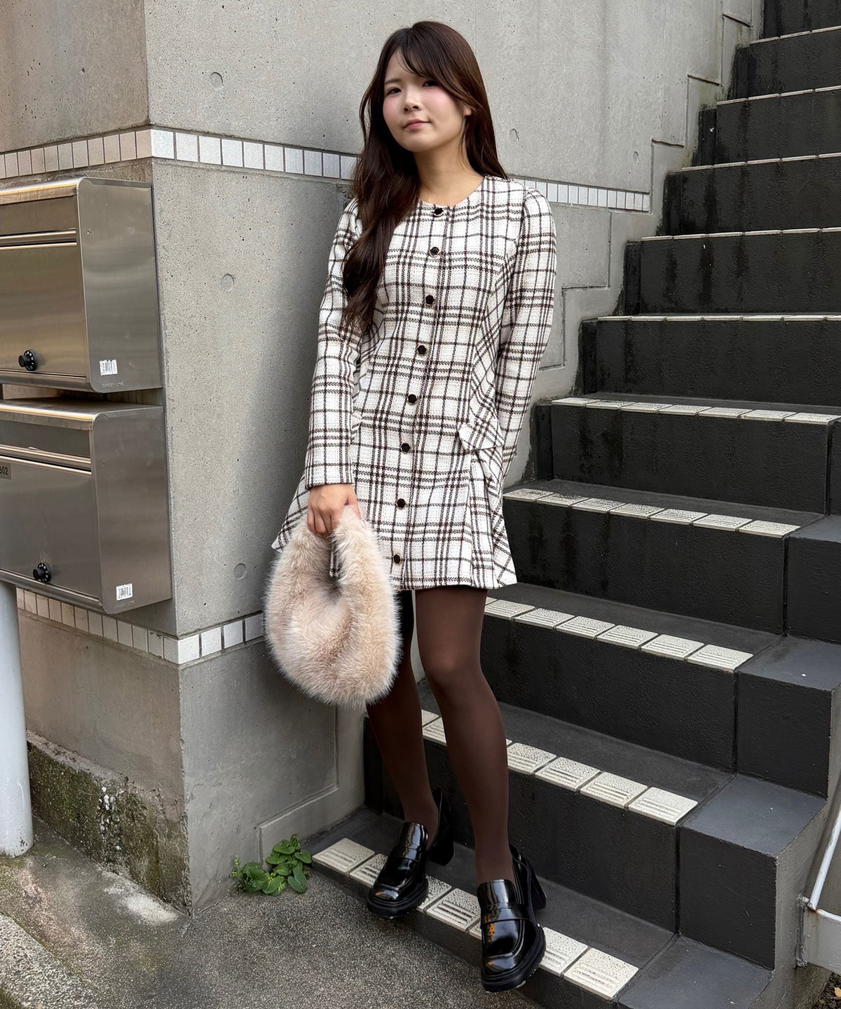 バイアスチェックツイードミニワンピース