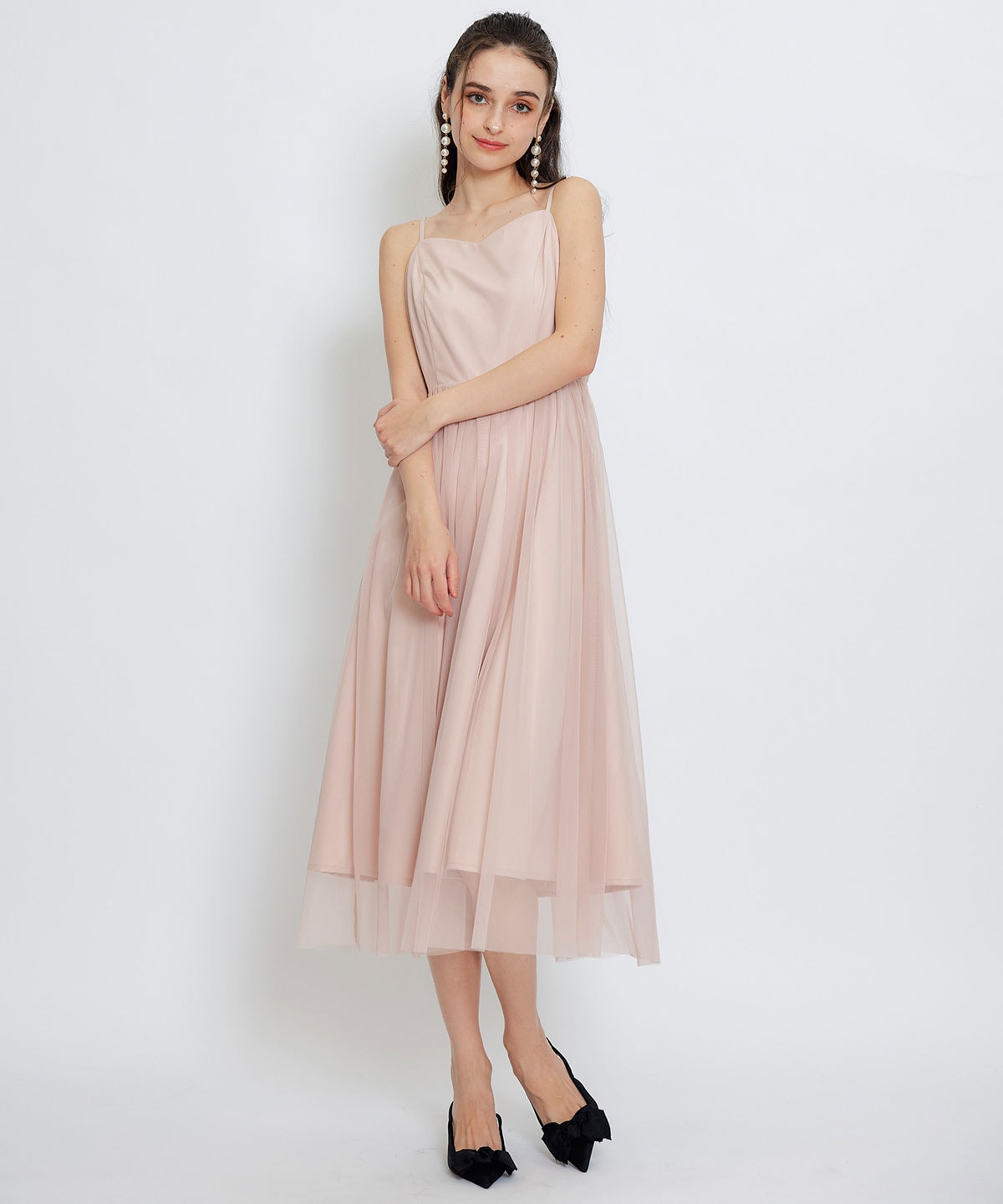 チュールレースティアードトップス×キャミソールフレアロングドレス