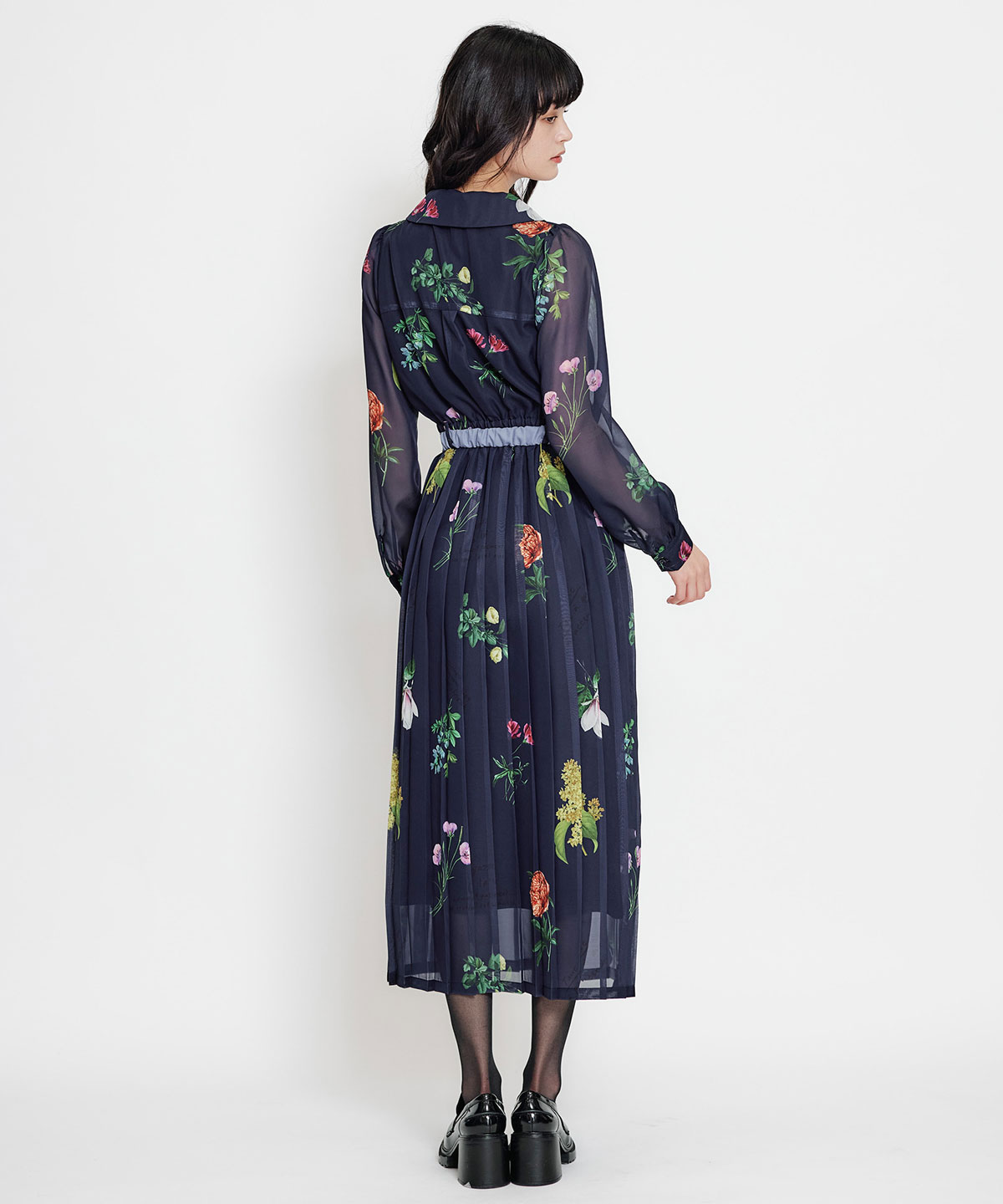 シアーフラワープリーツロングワンピース