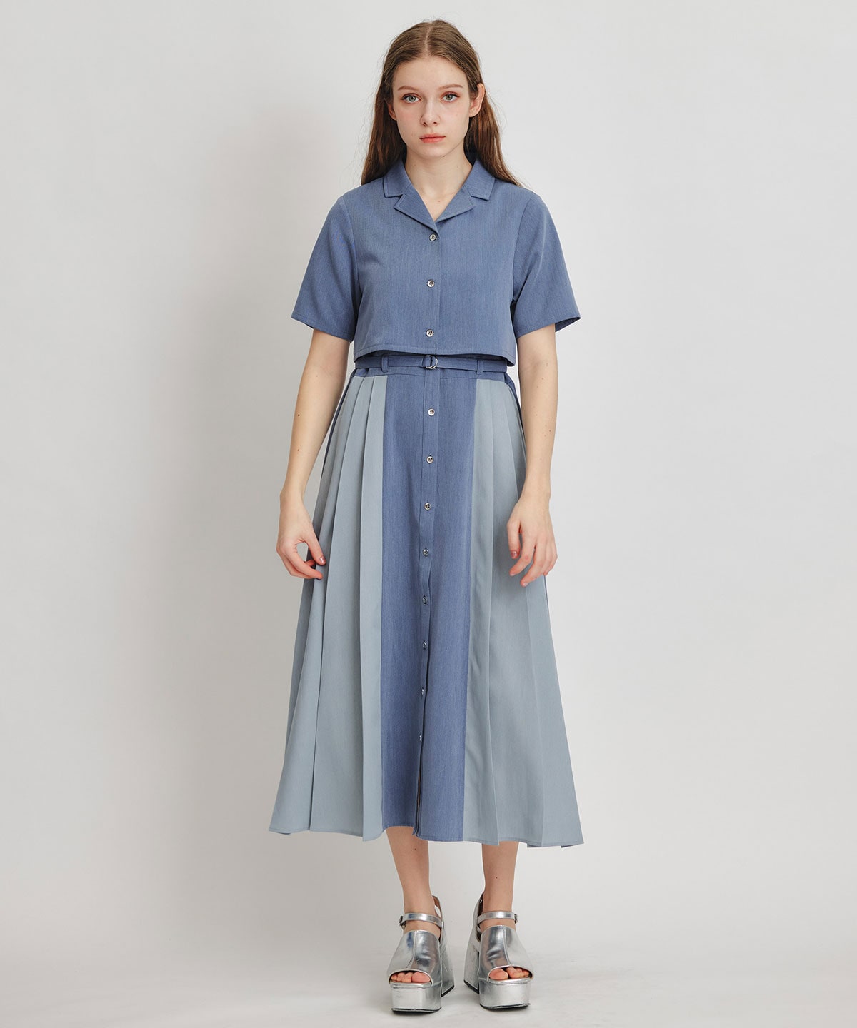 レイヤードサイドプリーツバイカラーロングワンピース