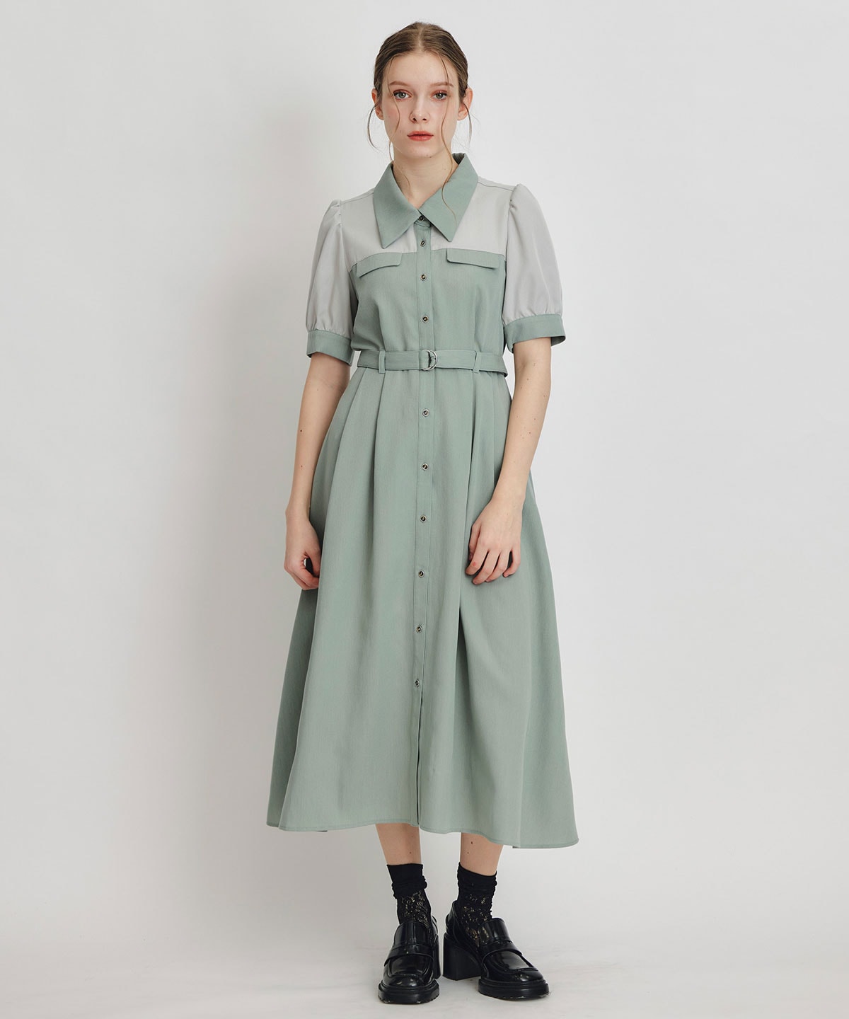 コントラストカラーシャツフレアロングワンピース