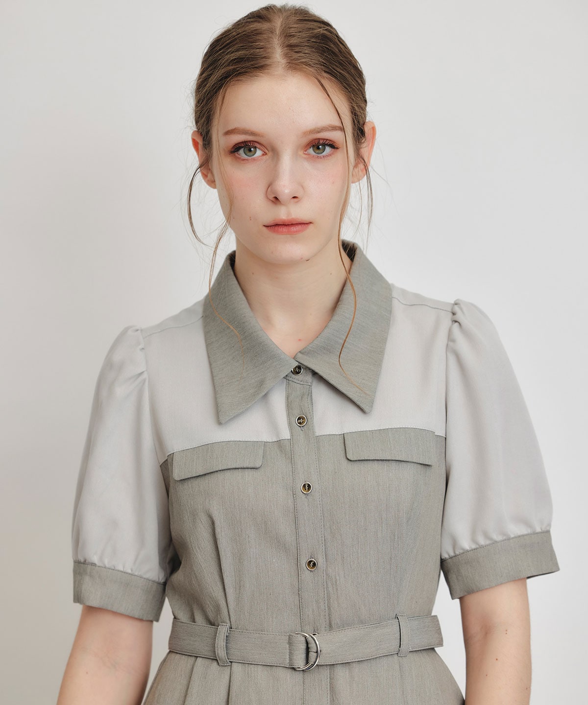 コントラストカラーシャツフレアロングワンピース