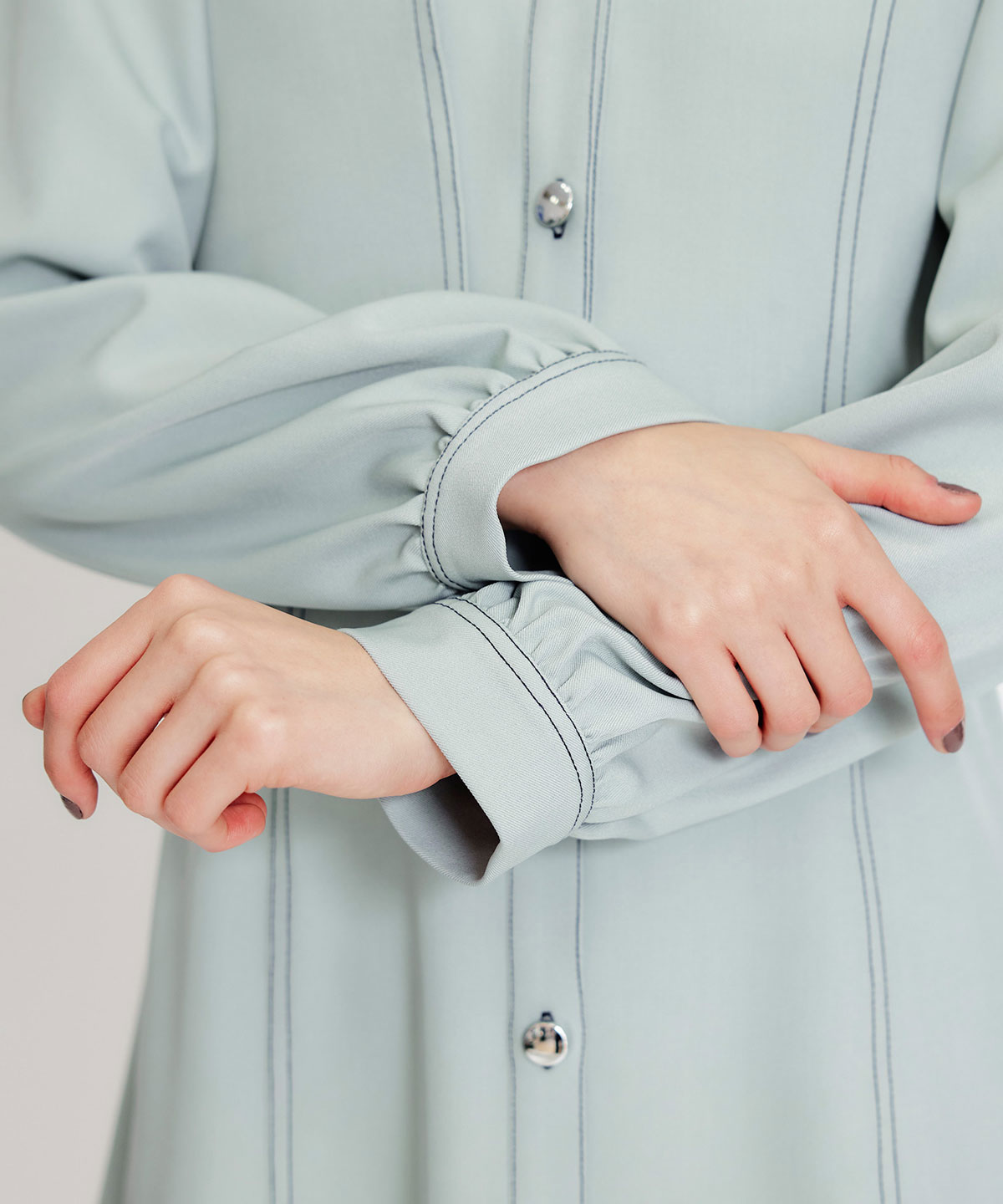 バイカラーステッチフレアミニシャツワンピース