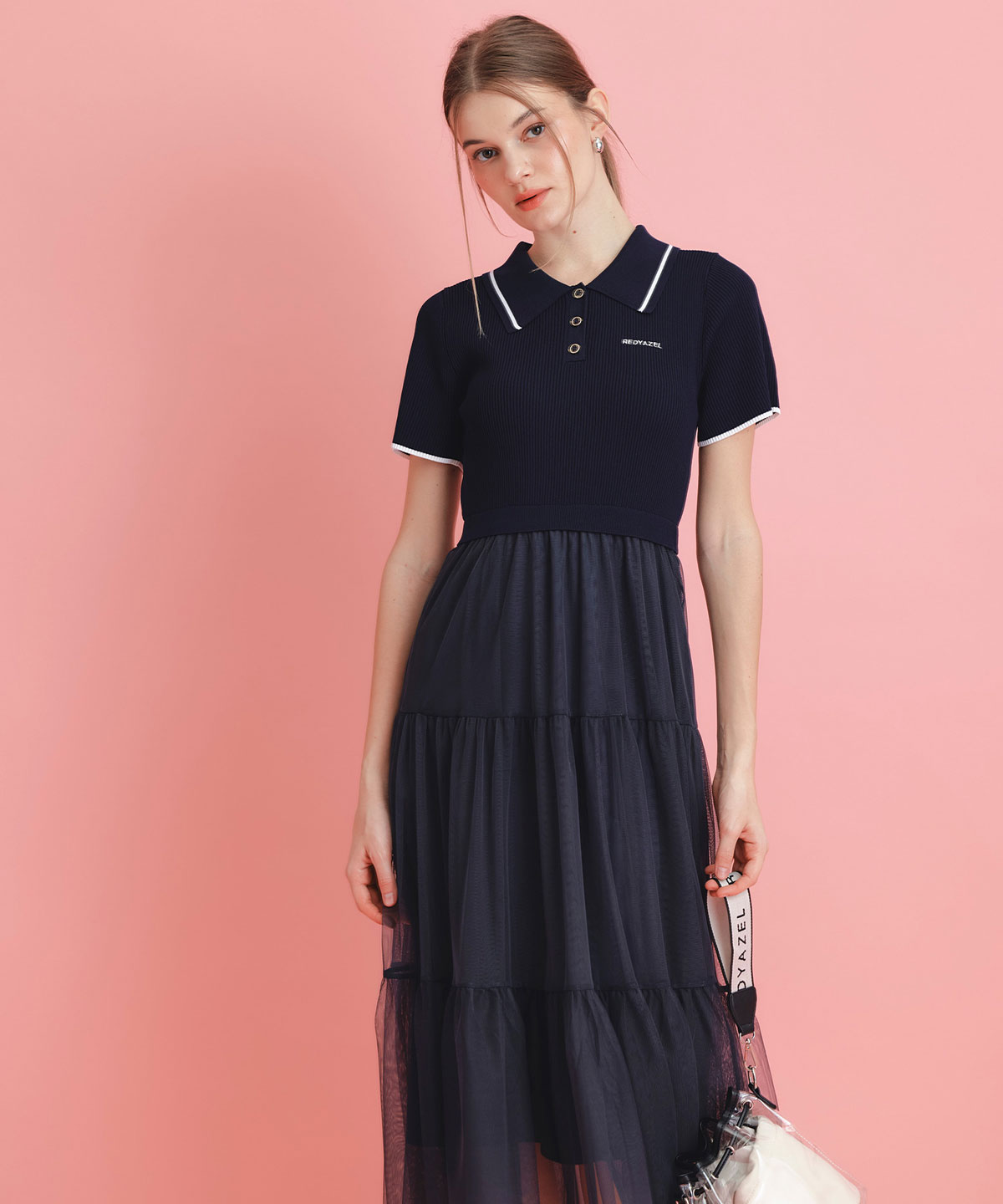 ポロニットチュールティアードドッキングロングワンピース