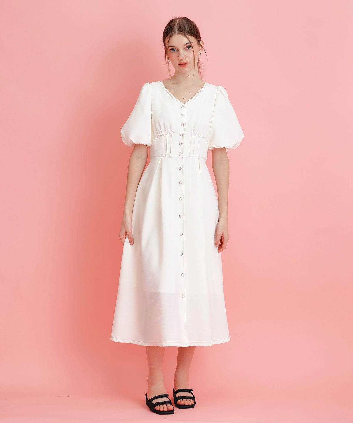 コルセットバルーンスリーブフレアロングワンピース