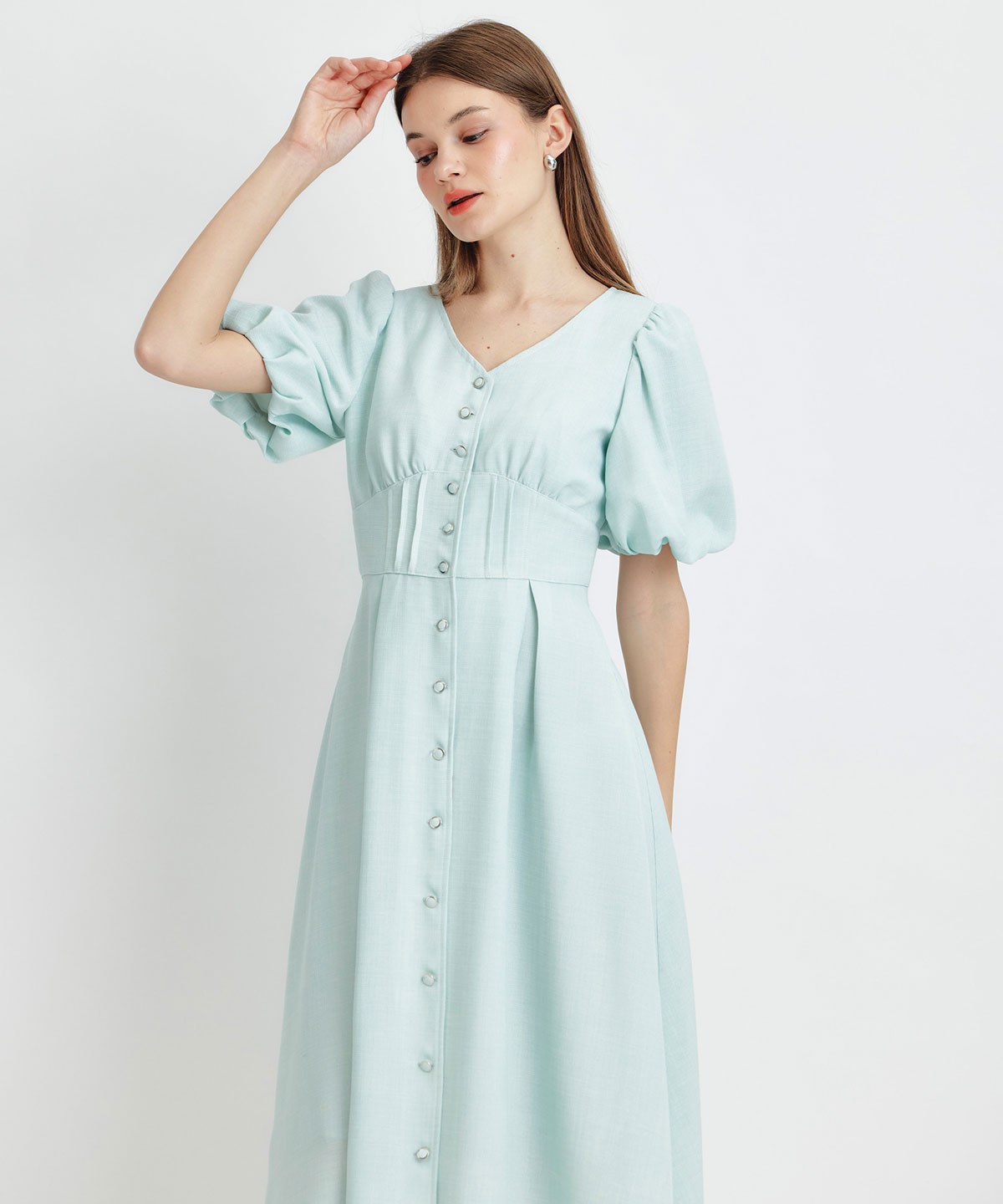 コルセットバルーンスリーブフレアロングワンピース