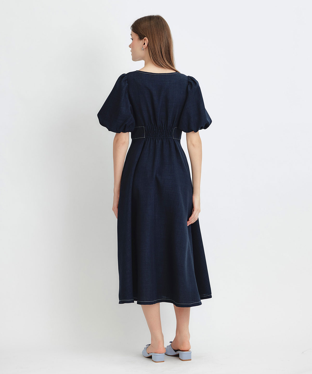 コルセットバルーンスリーブフレアロングワンピース