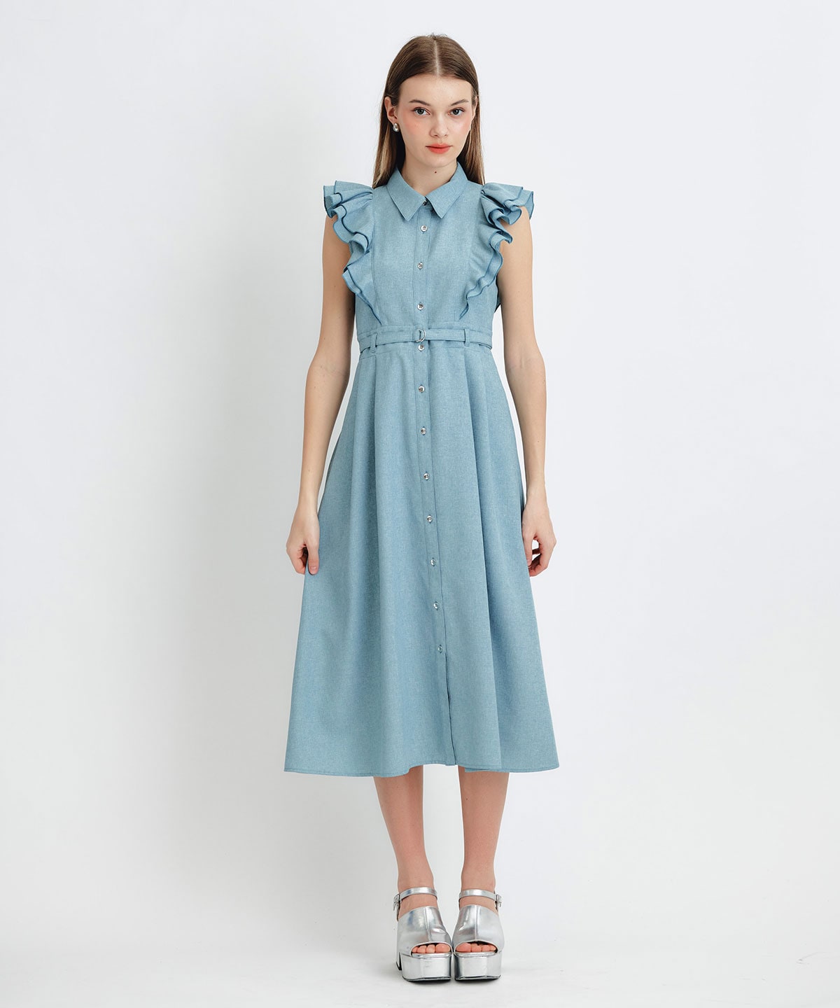 フリルシャツフレアロングワンピース