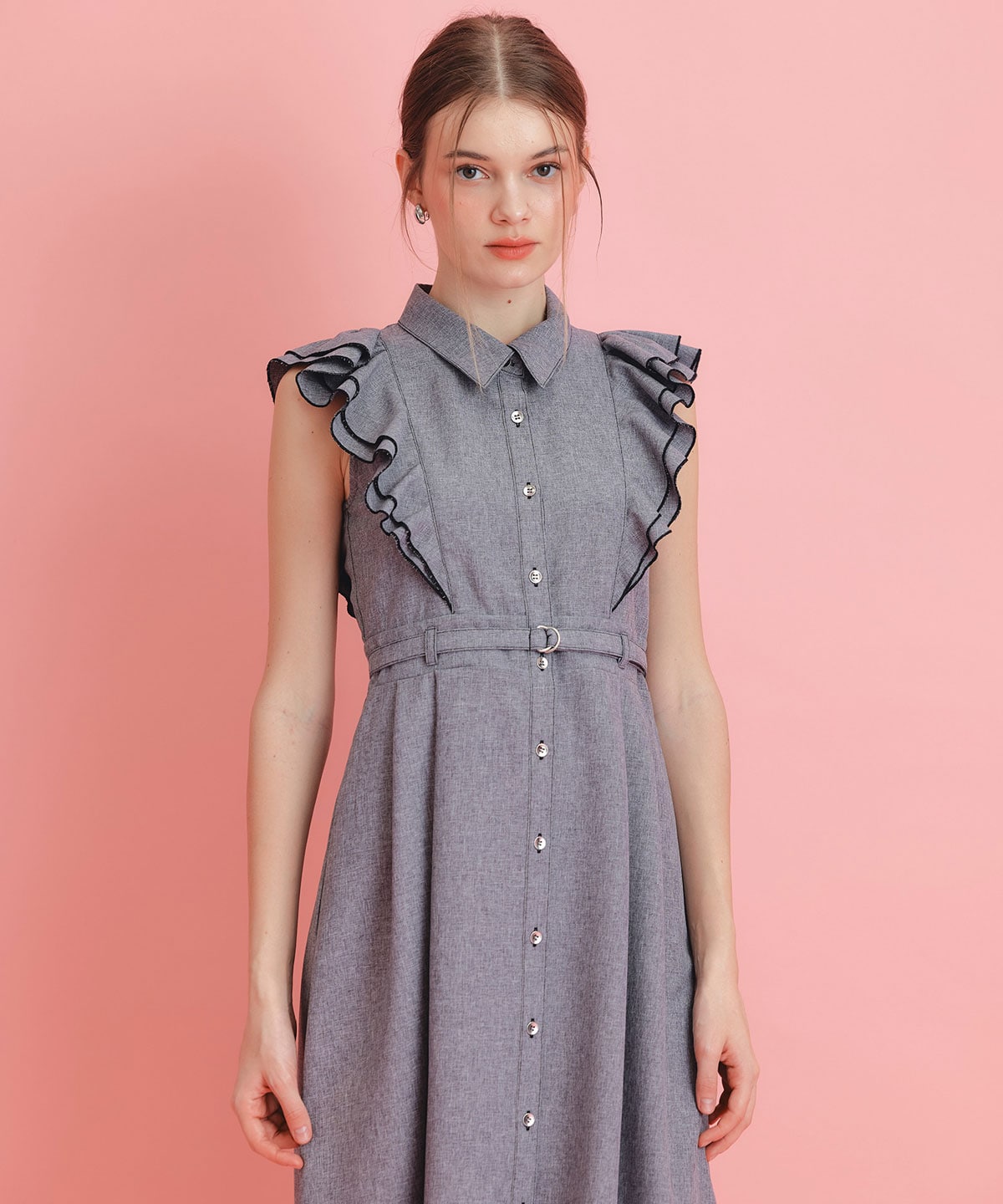 フリルシャツフレアロングワンピース