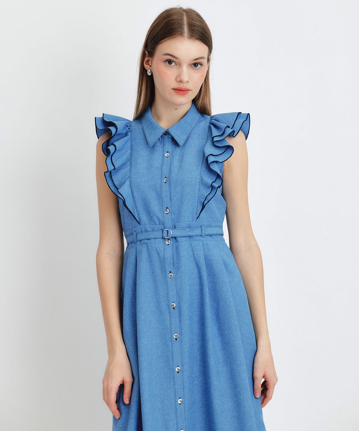 フリルシャツフレアロングワンピース