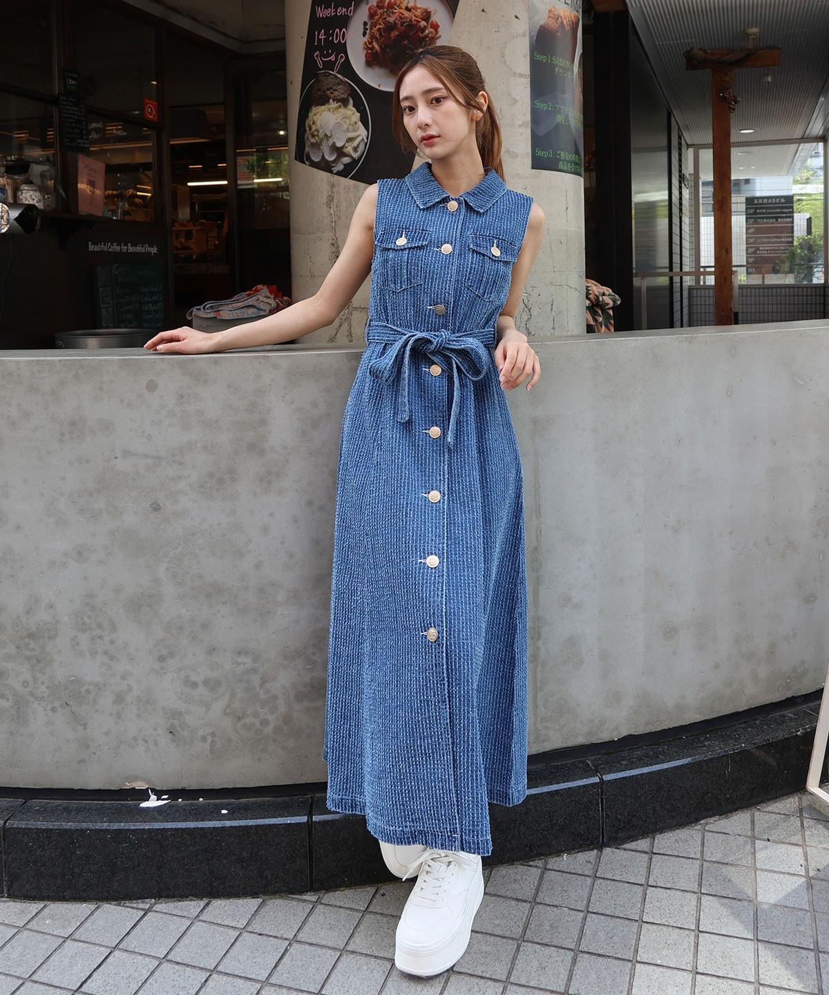 レーザーカットデニムロングシャツワンピース
