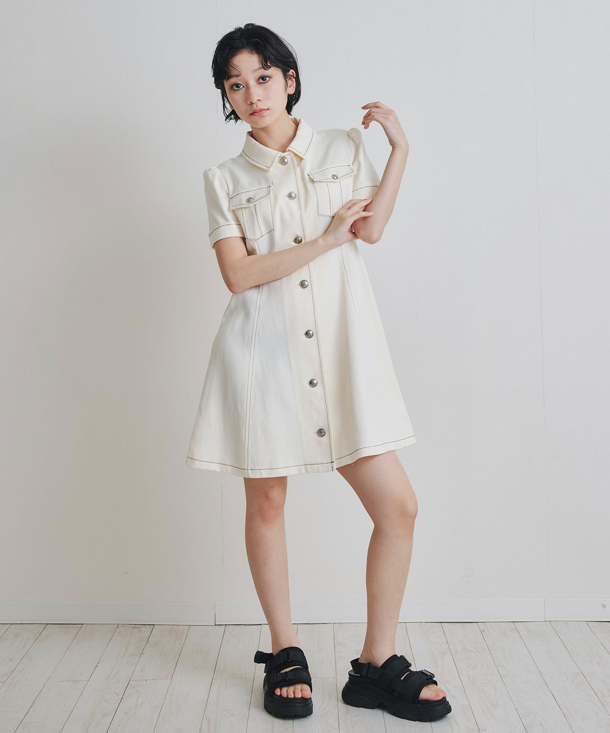 ハーフスリーブデニムフレアシャツミニワンピース
