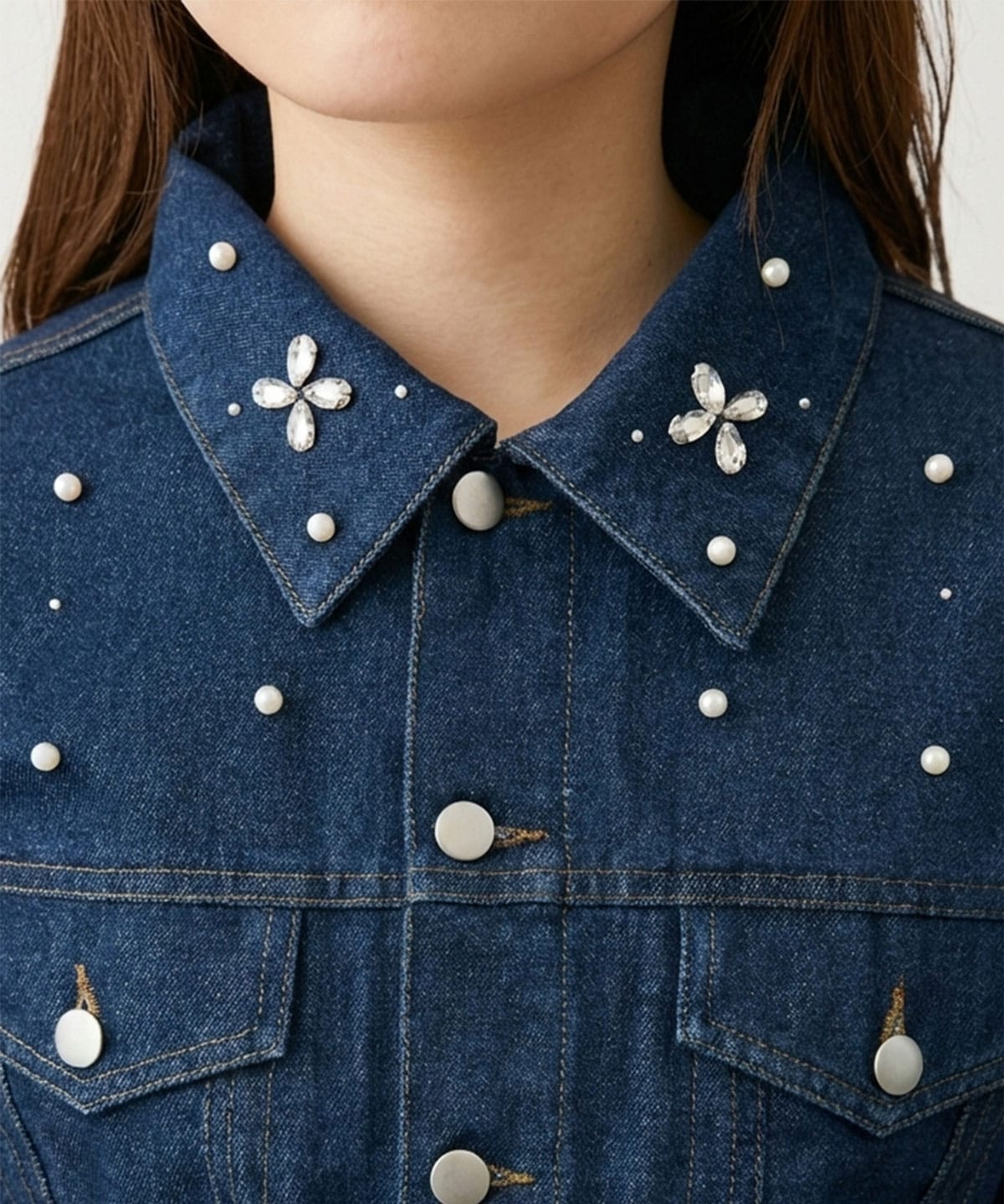 フラワービジューパールデニムジャケット