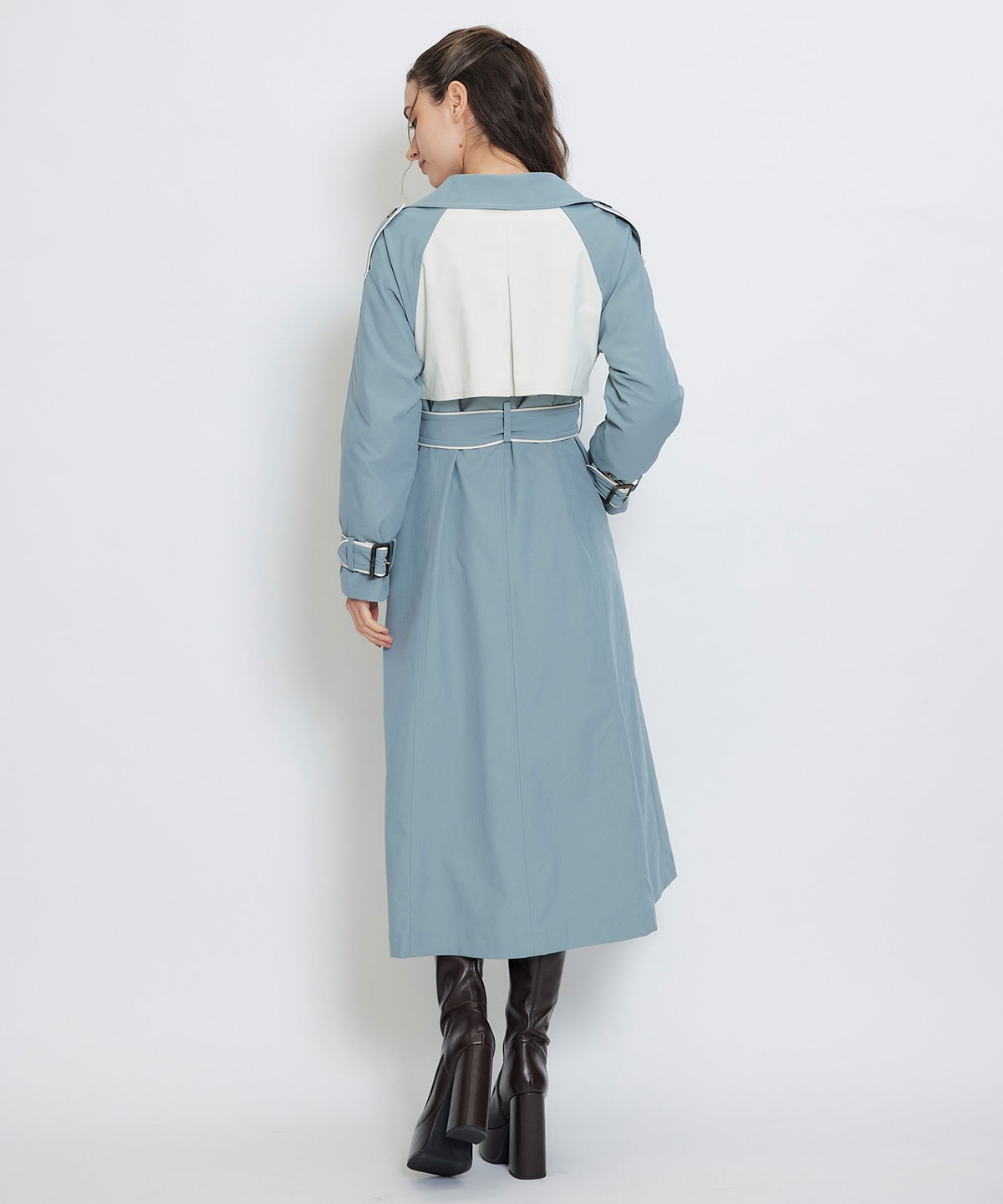 バックバイカラーパイピングベルトデザインロングトレンチコート