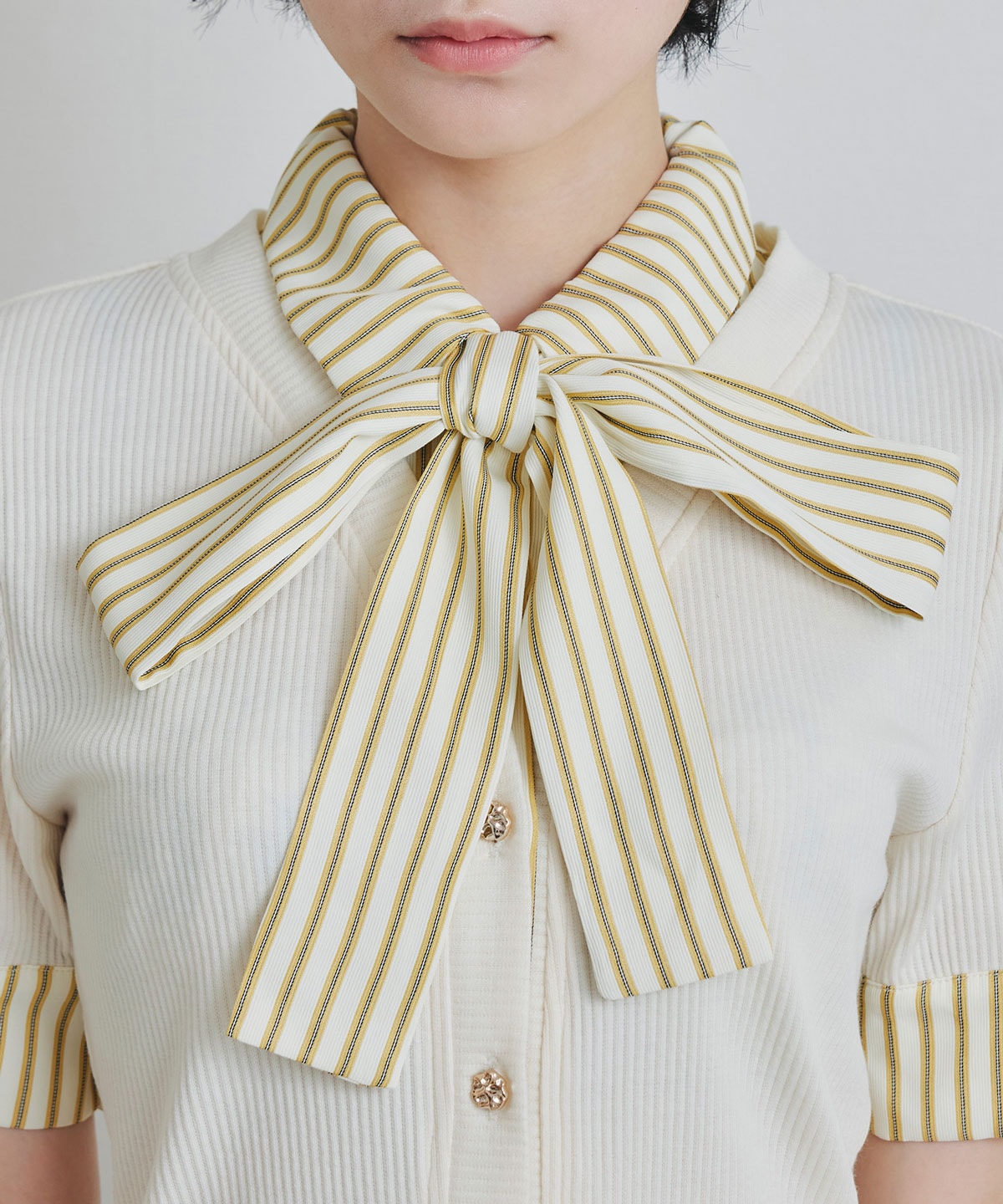 ストライプリボンタイレイヤードニットトップス