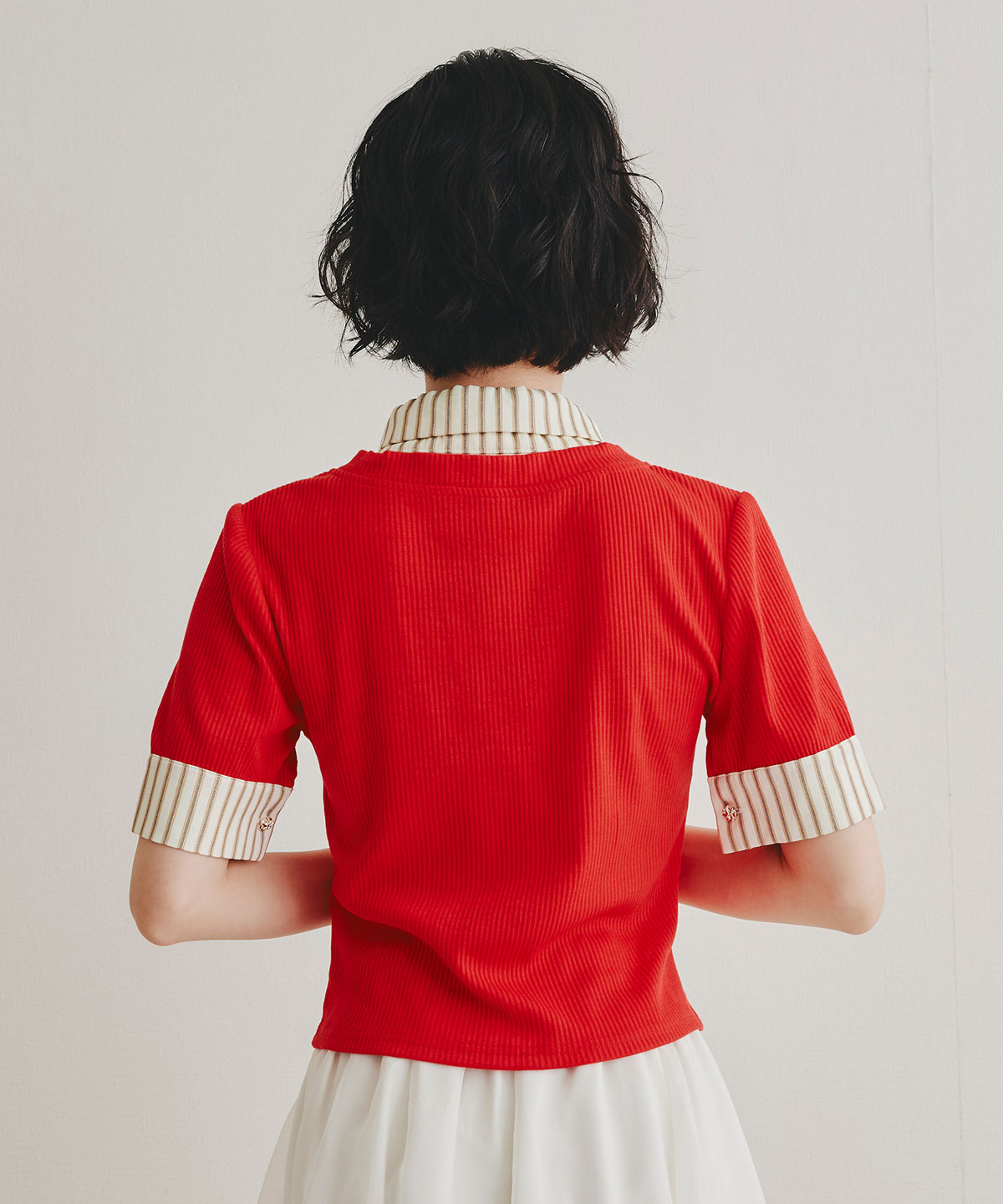 ストライプリボンタイレイヤードニットトップス