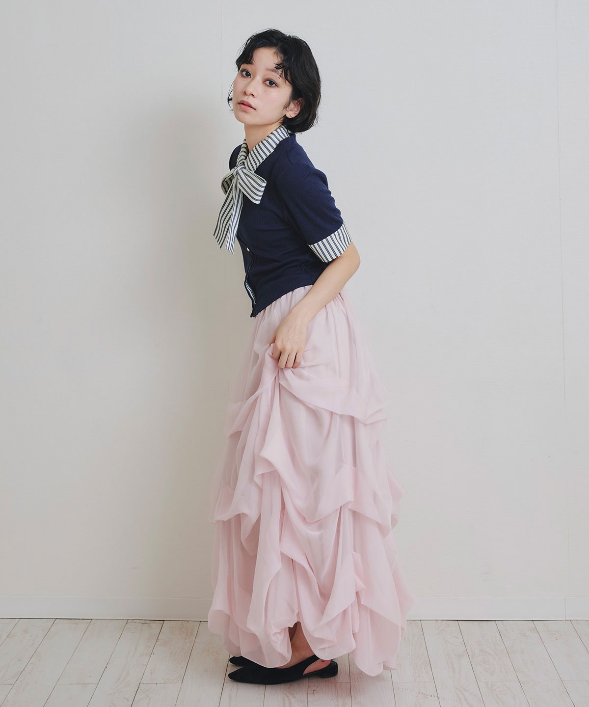 ストライプリボンタイレイヤードニットトップス