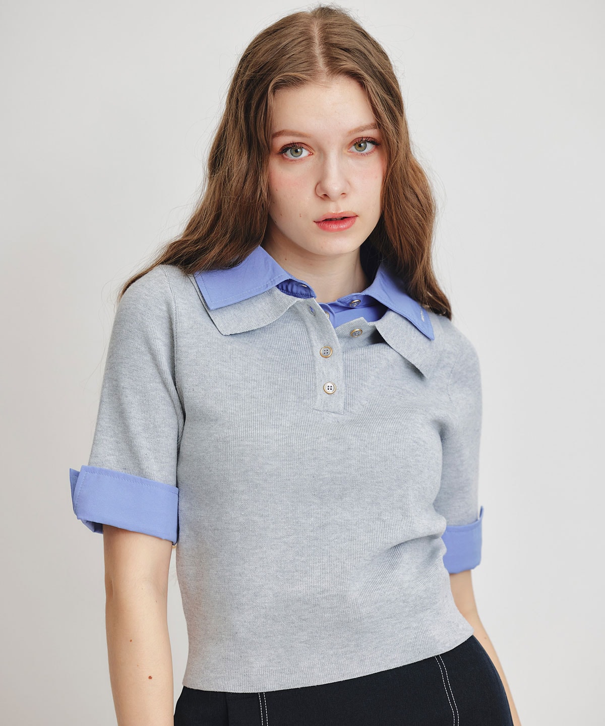 ダブルカラーハーフスリーブニットプルオーバー