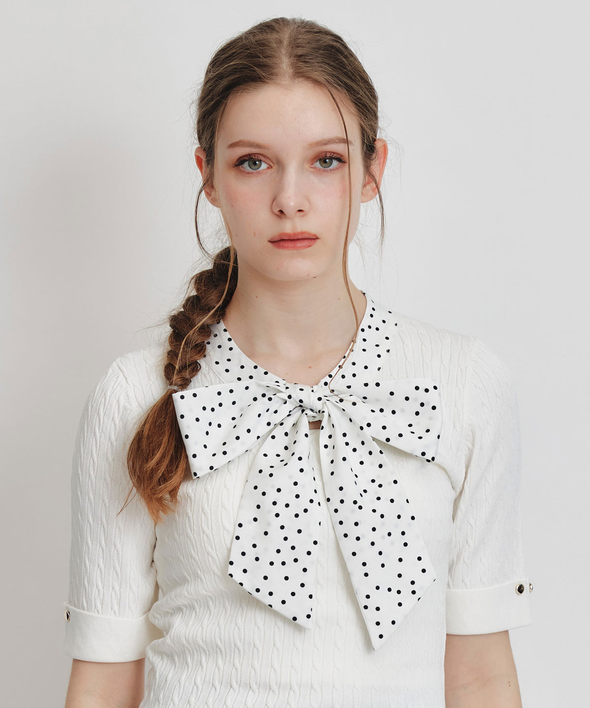 ケーブルリボンタイハーフスリーブニットプルオーバー