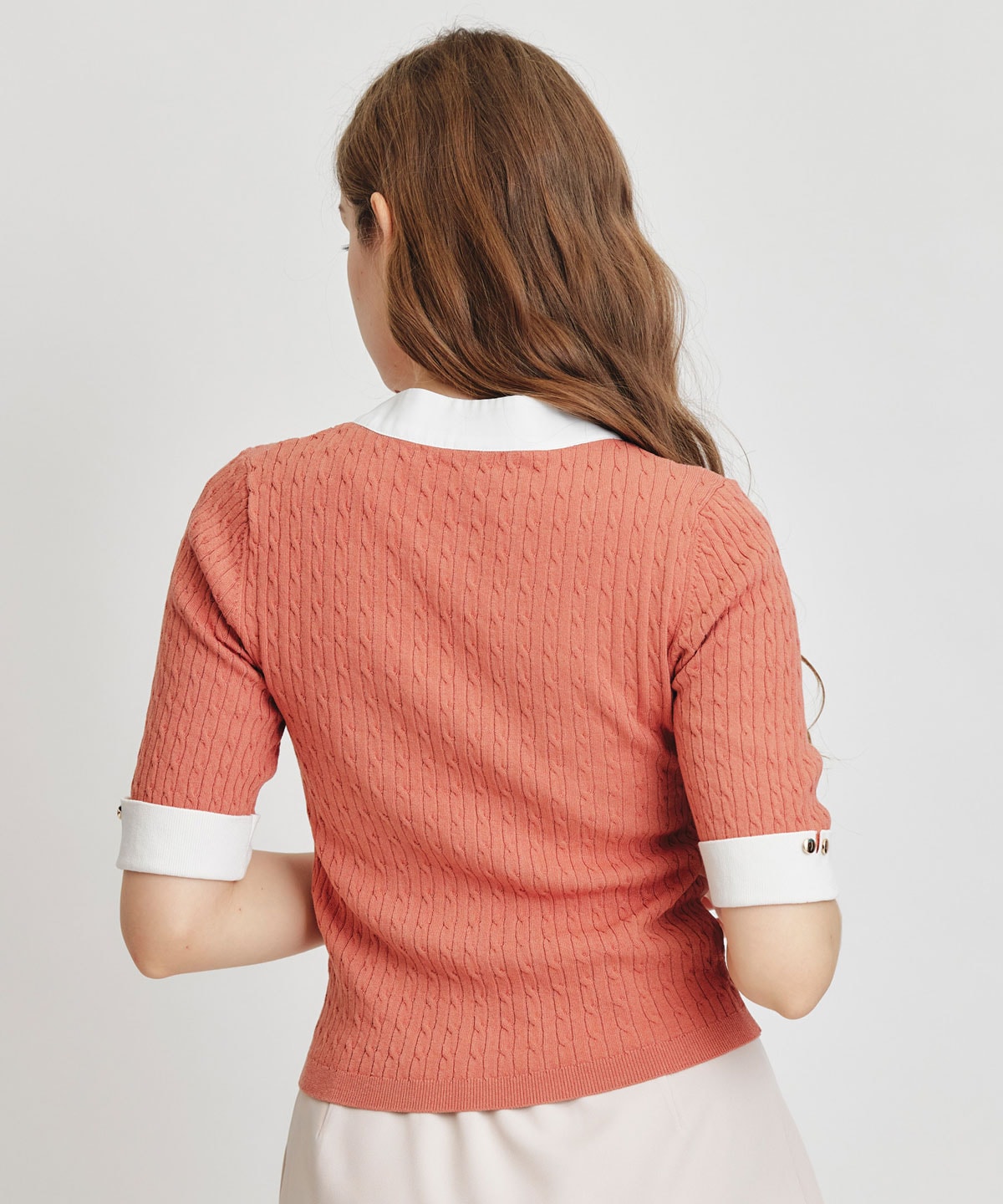 ケーブルリボンタイハーフスリーブニットプルオーバー