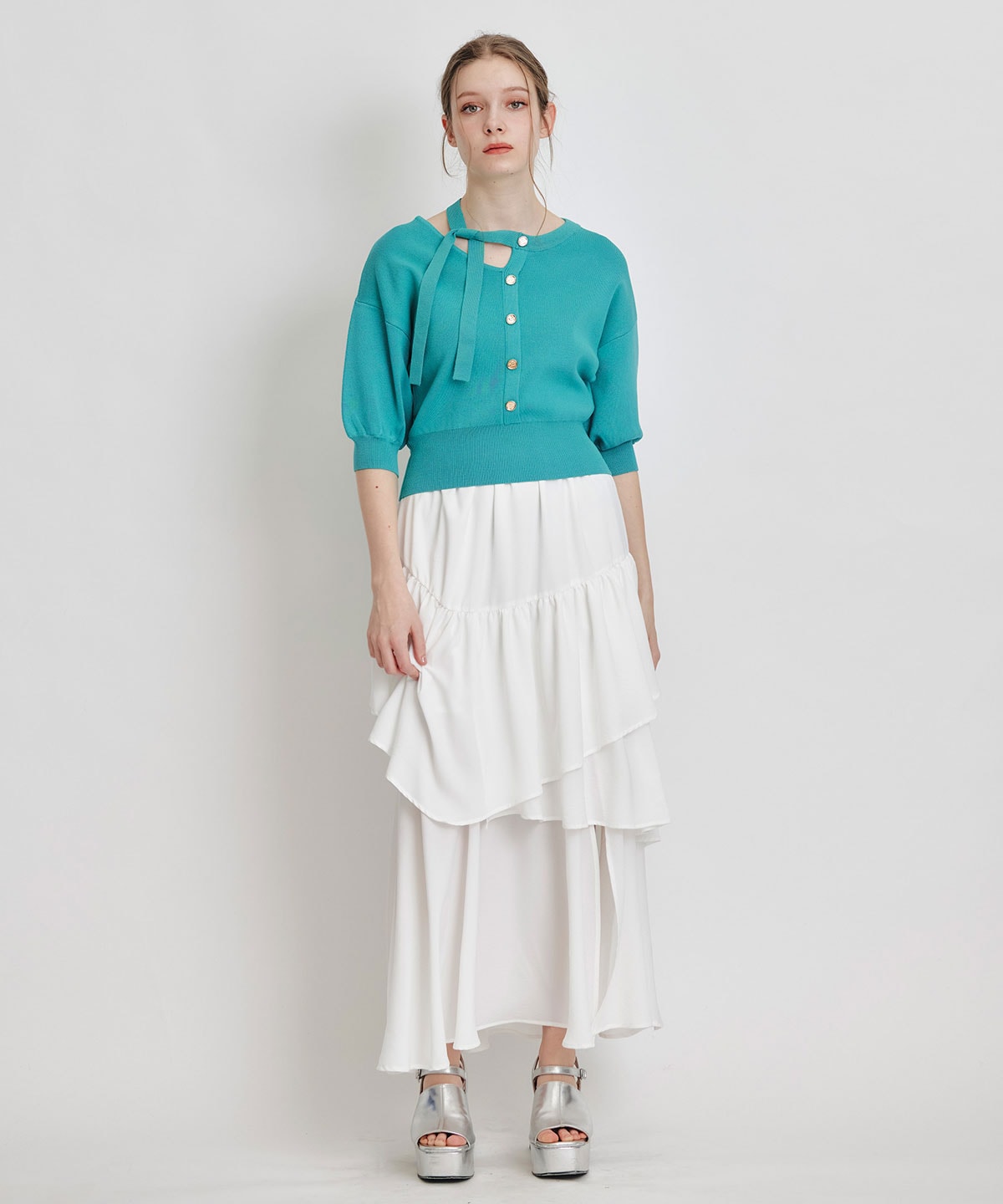 アシメカットデザインハーフスリーブニットプルオーバー