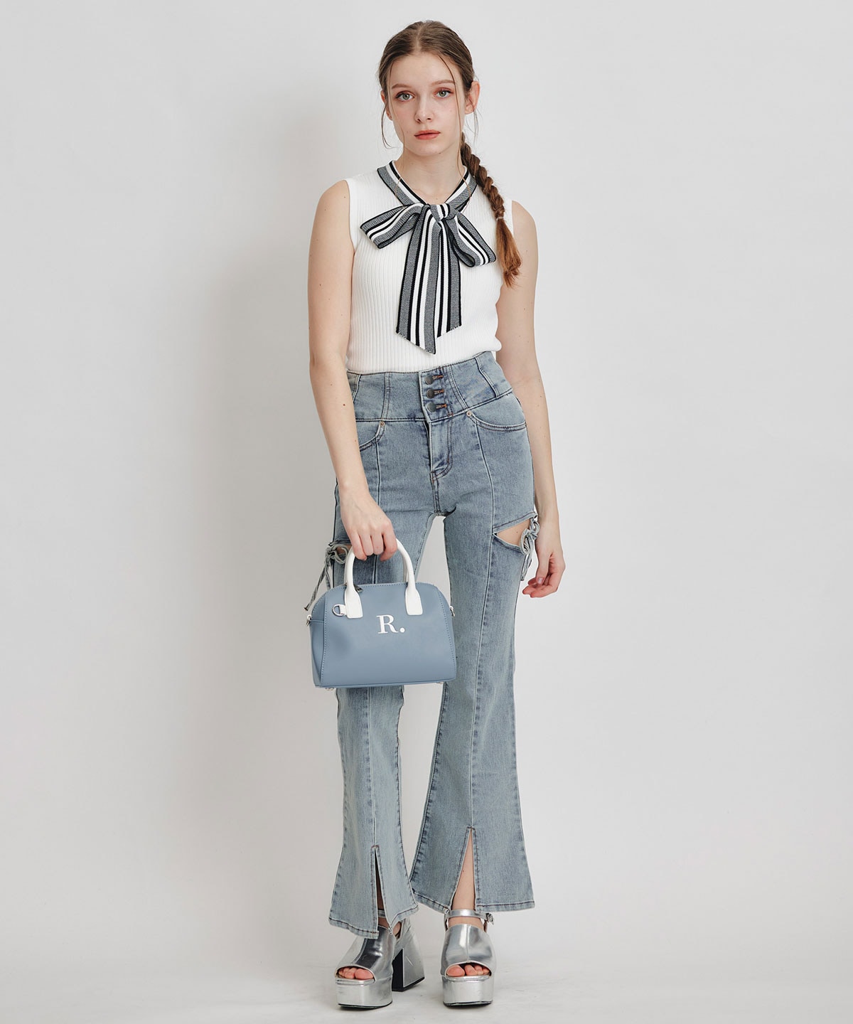 ストライプリボンタイリブニットノースリーブ