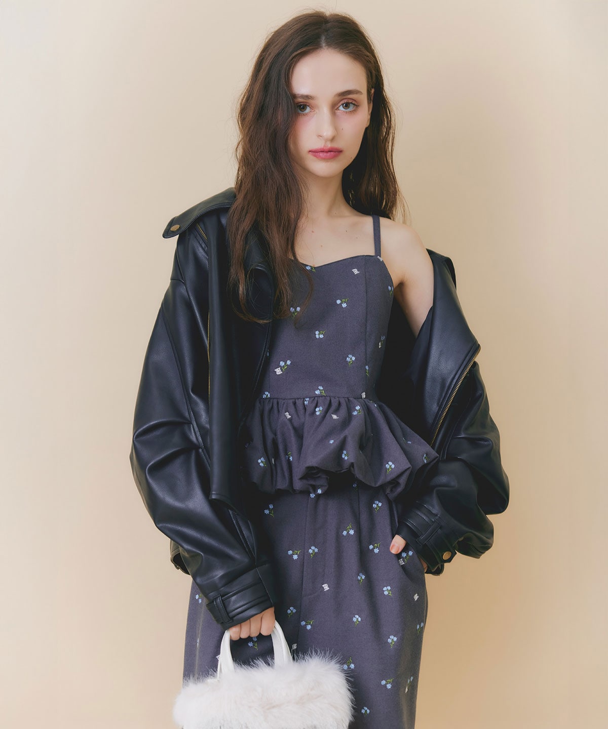 【Fleur monogram Series】フルールモノグラムエンブロイダリーバルーンペプラムビスチェ